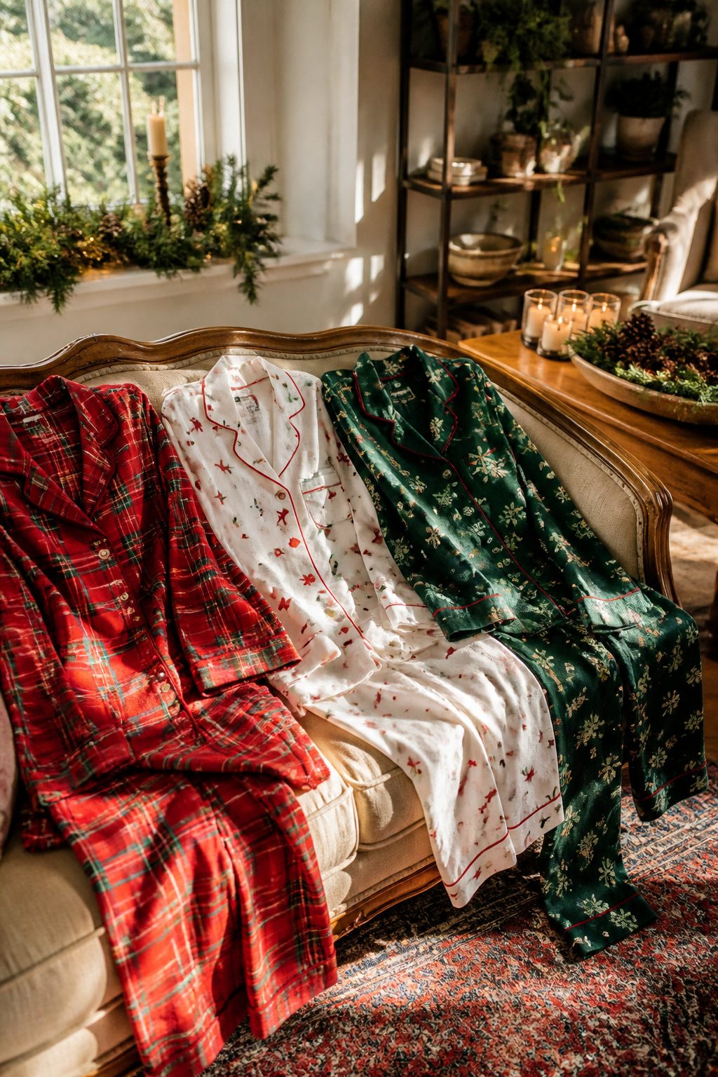 Christmas pajamas with seasonal prints draped on a vintage-style couch.