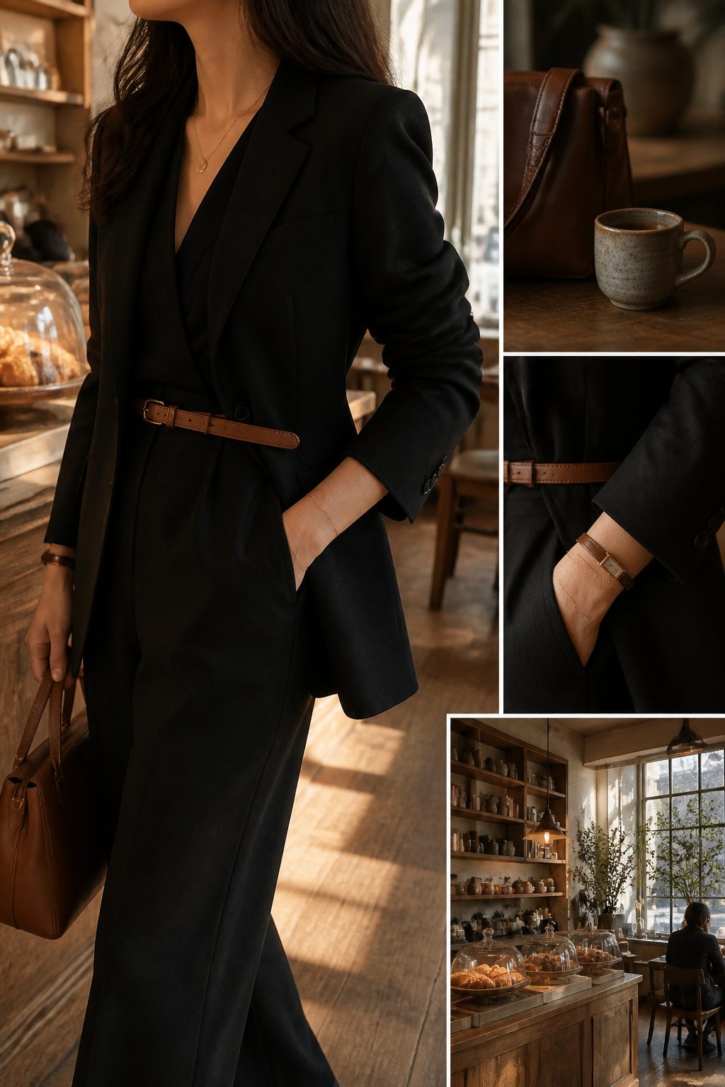 A black blazer with brown accessories displayed on a wooden surface.