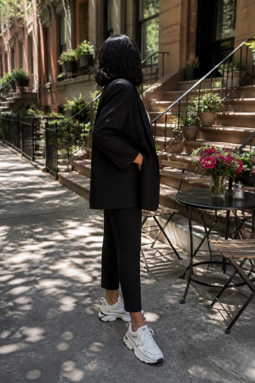A black blazer and chunky dad sneakers are displayed on an urban street.