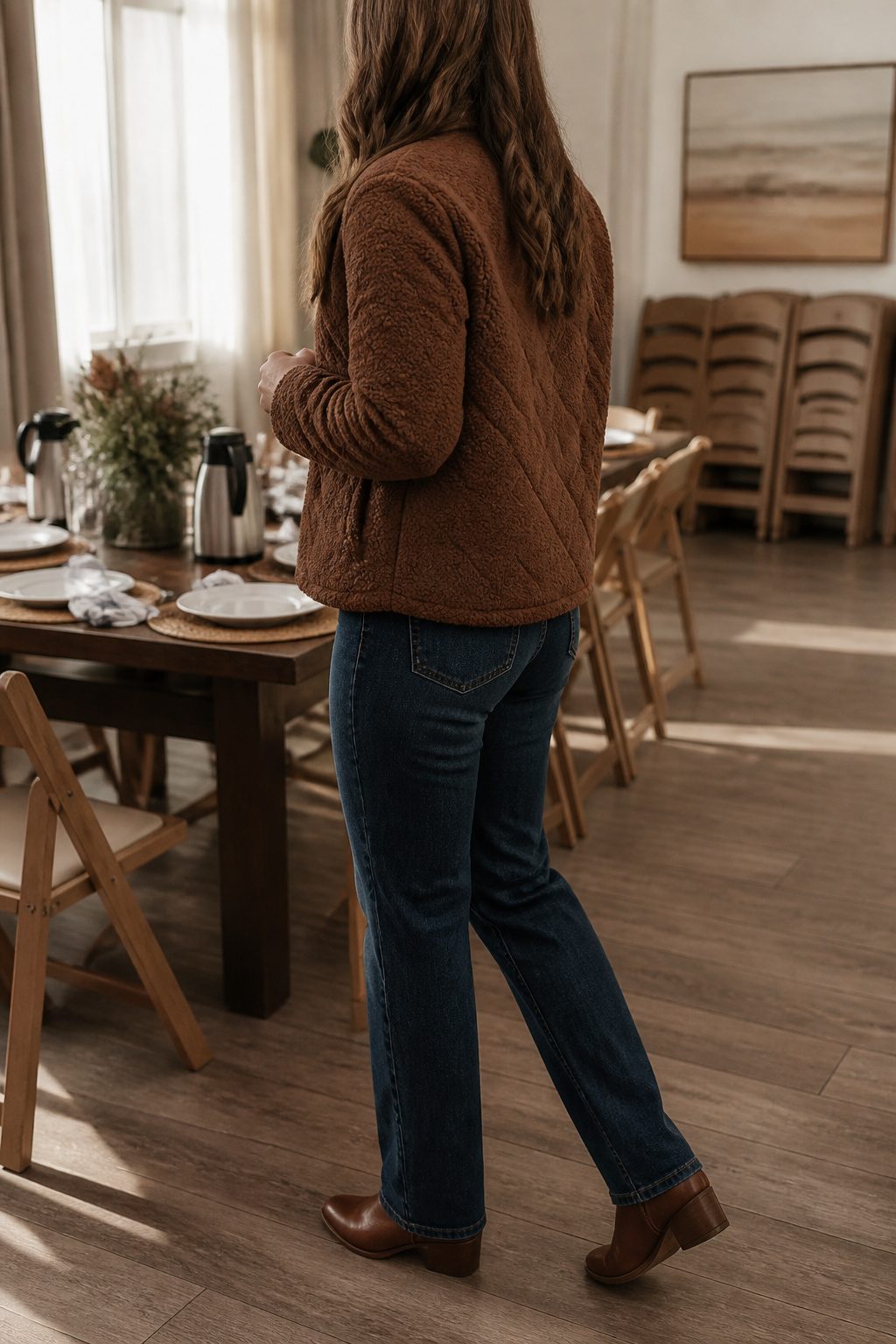 A brown teddy quilted jacket and straight-leg jeans on a wooden chair.