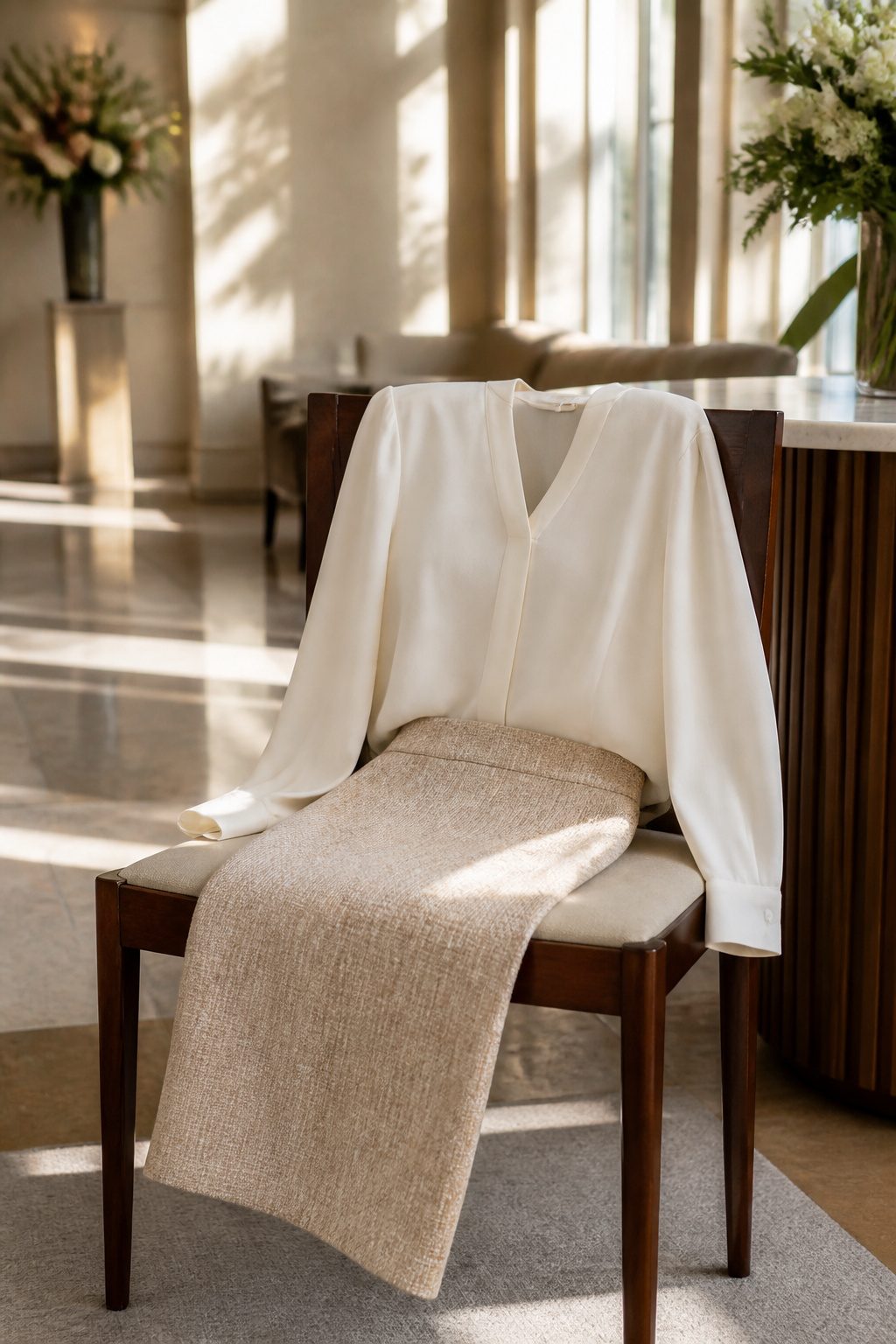A long-sleeve blouse draped over a wooden chair in a stylish foyer.
