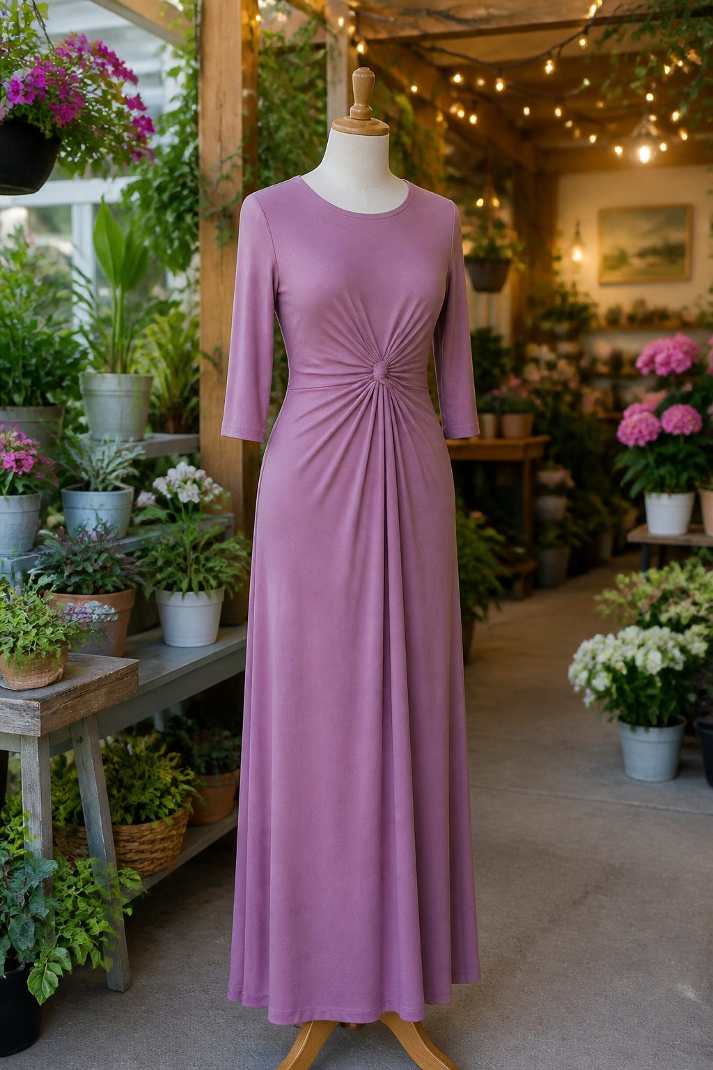 A maxi dress on a mannequin in a garden store filled with plants.