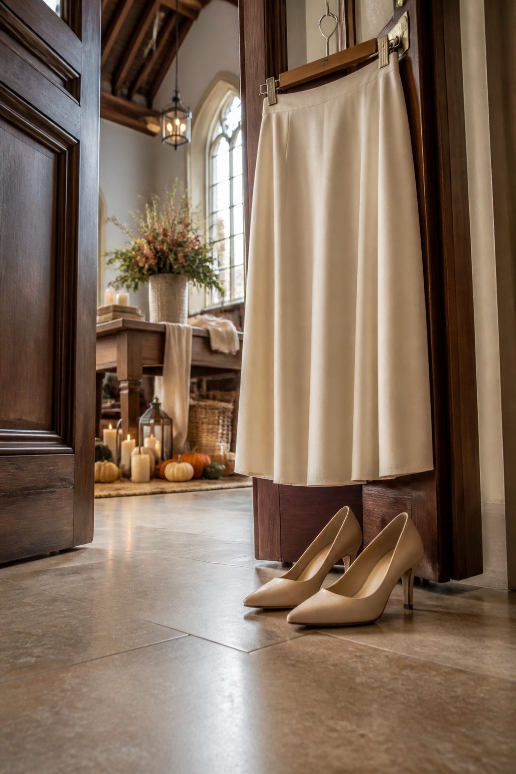 A pair of heels beside modest clothing displayed on a clothing rack.