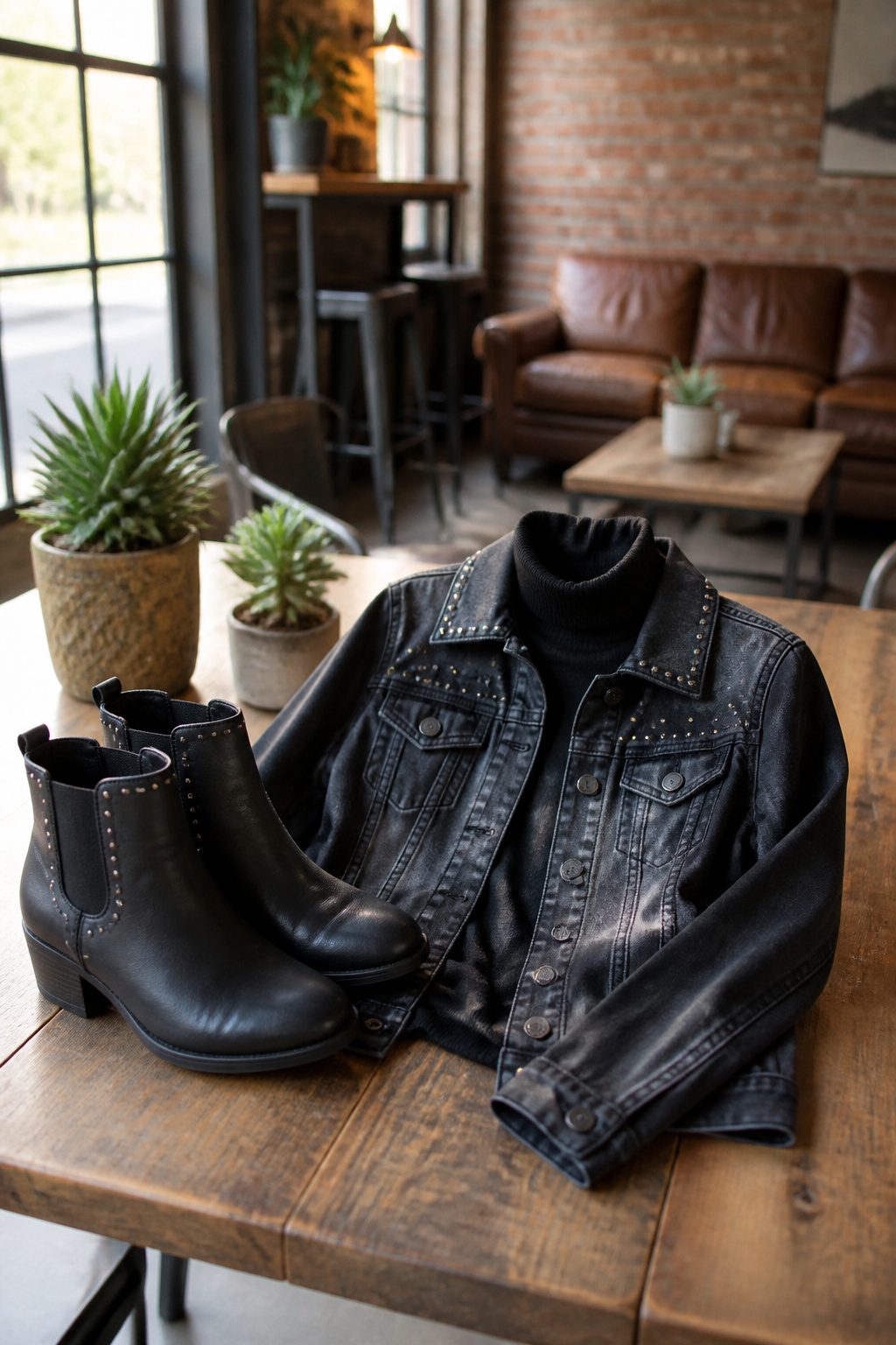 A pair of studded ankle boots next to a denim jacket on a café table.