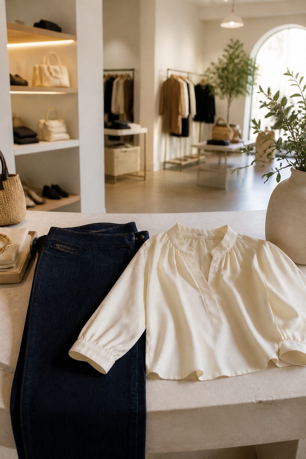 Tailored jeans and a blouse displayed in an upscale urban boutique.