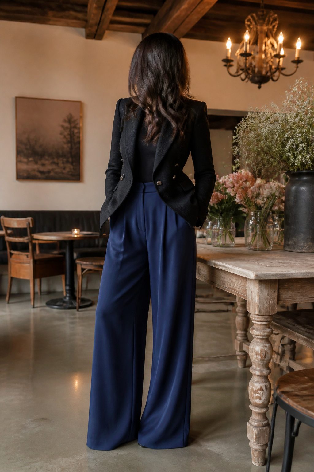 A model wears wide leg trousers and a black blazer in a church setting.