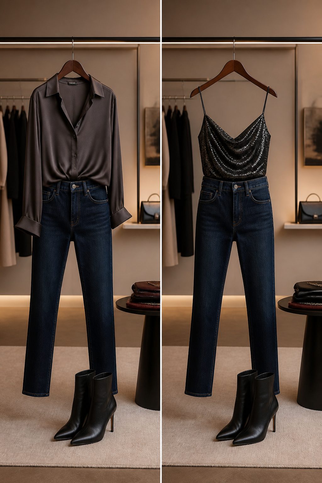 Dark jeans and a dressy top arranged together for a club outfit.