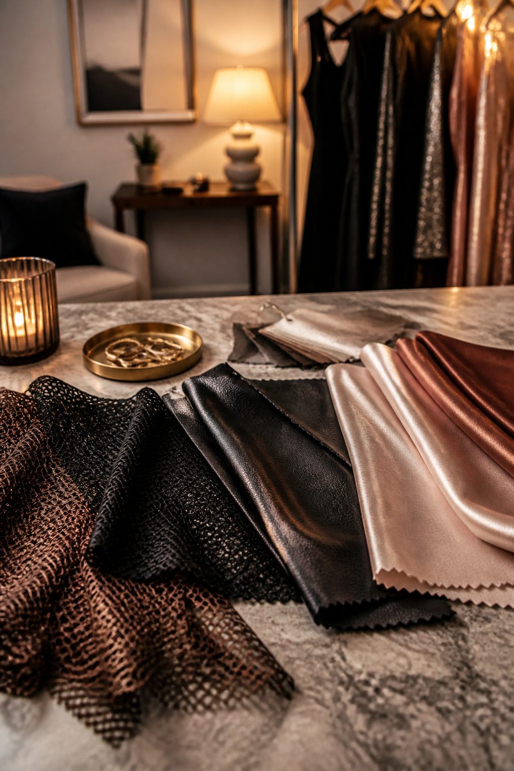 Various fabric swatches displayed, showcasing textures for club outfits.
