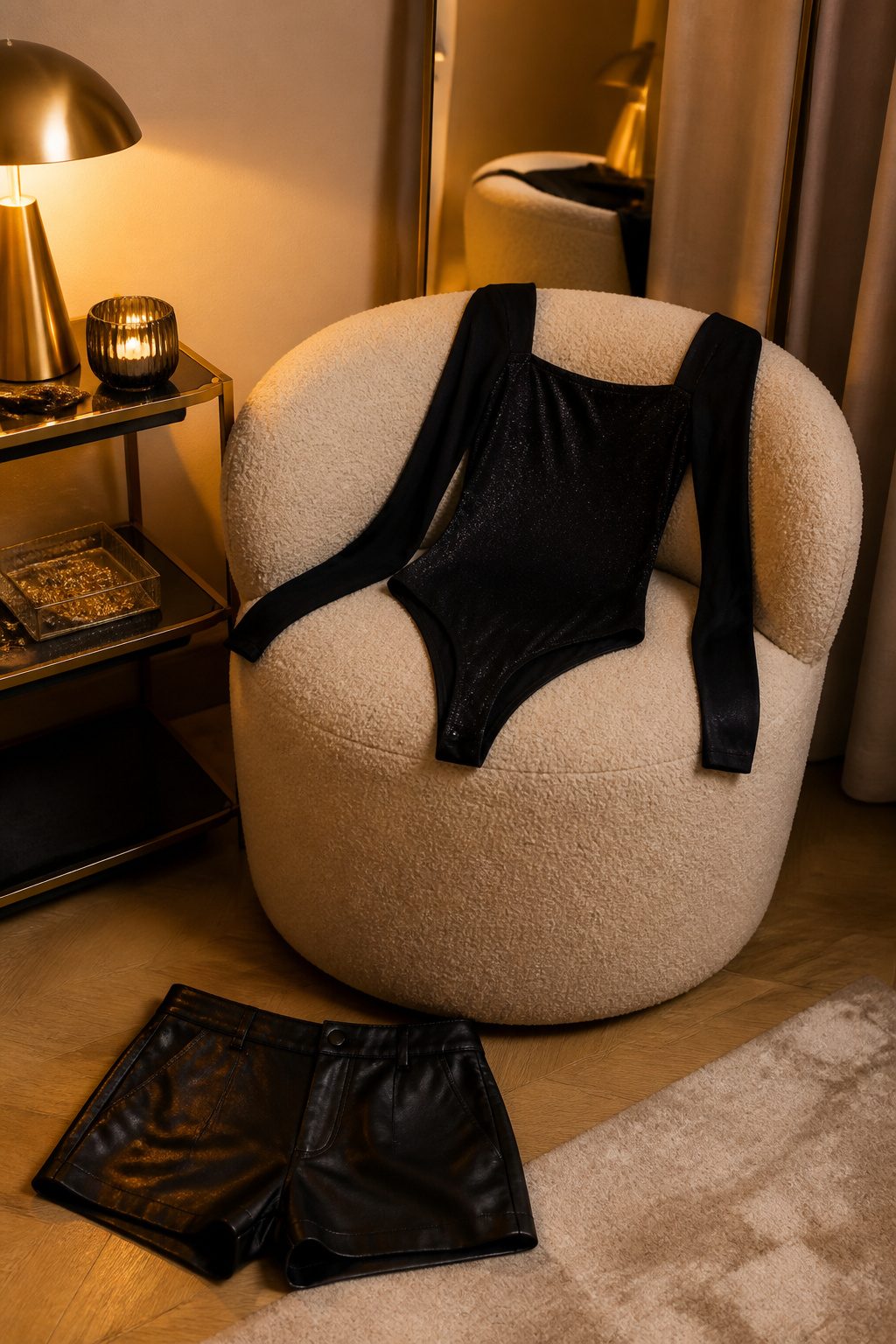 A fitted bodysuit and faux leather shorts arranged on a chair.
