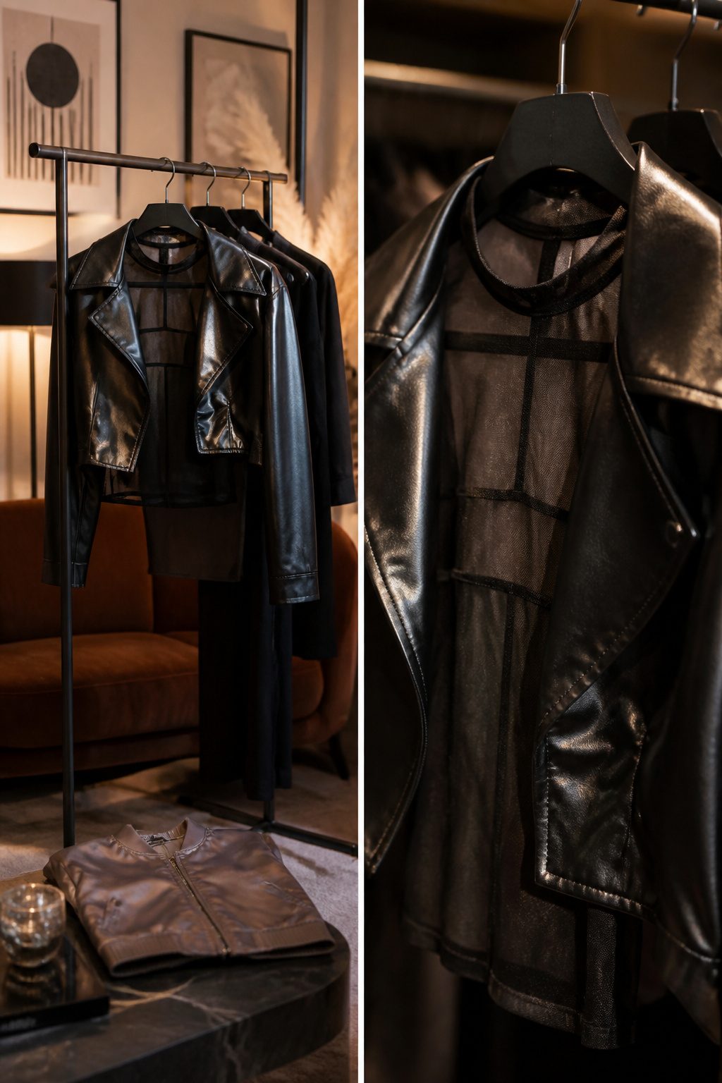 A sheer mesh top layered under a cropped bustier displayed together.
