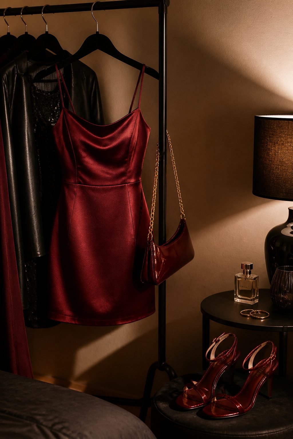 A fitted red mini dress displayed on a rack with a small bag and heels.