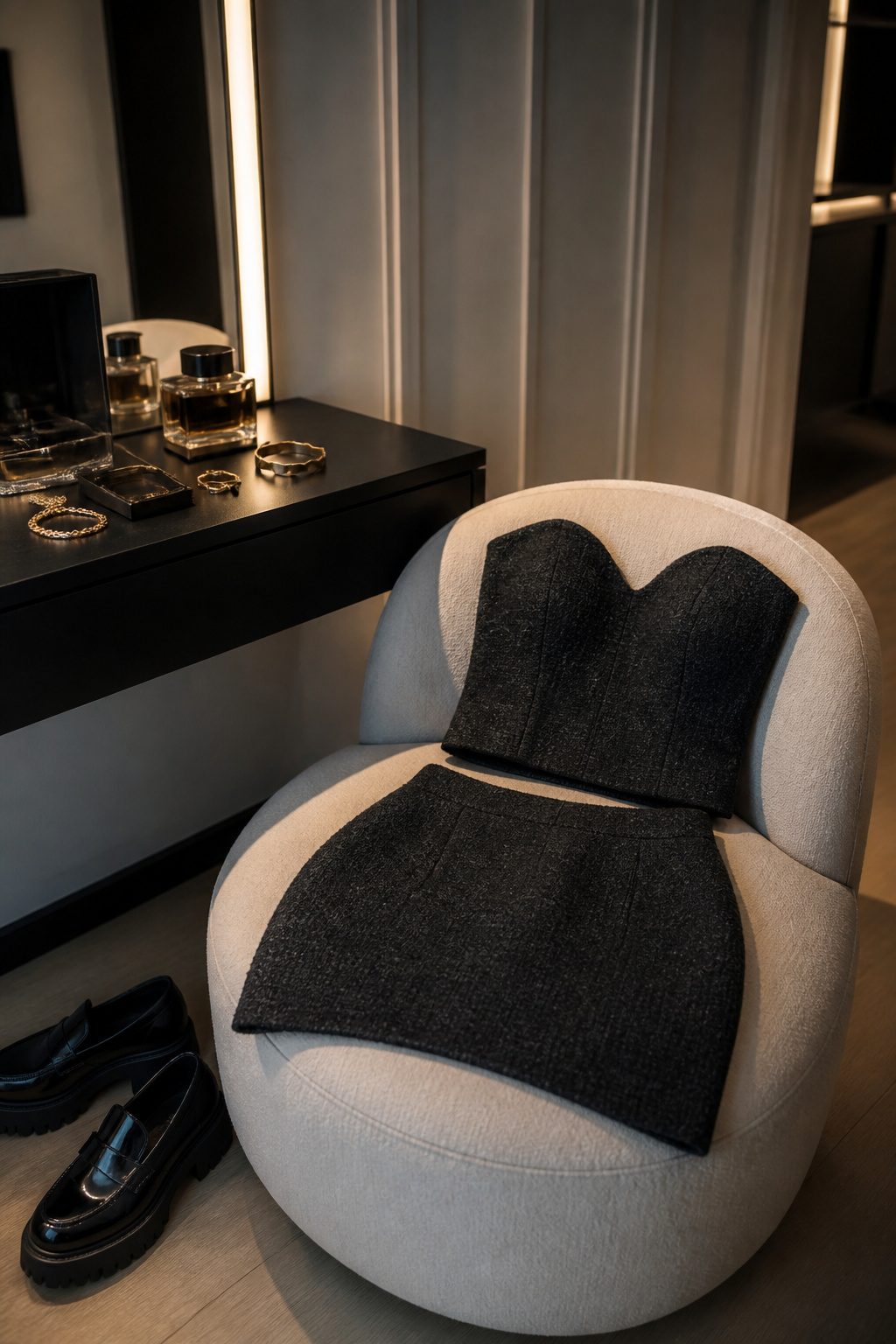 A tailored skirt set displayed on a modern upholstered chair.