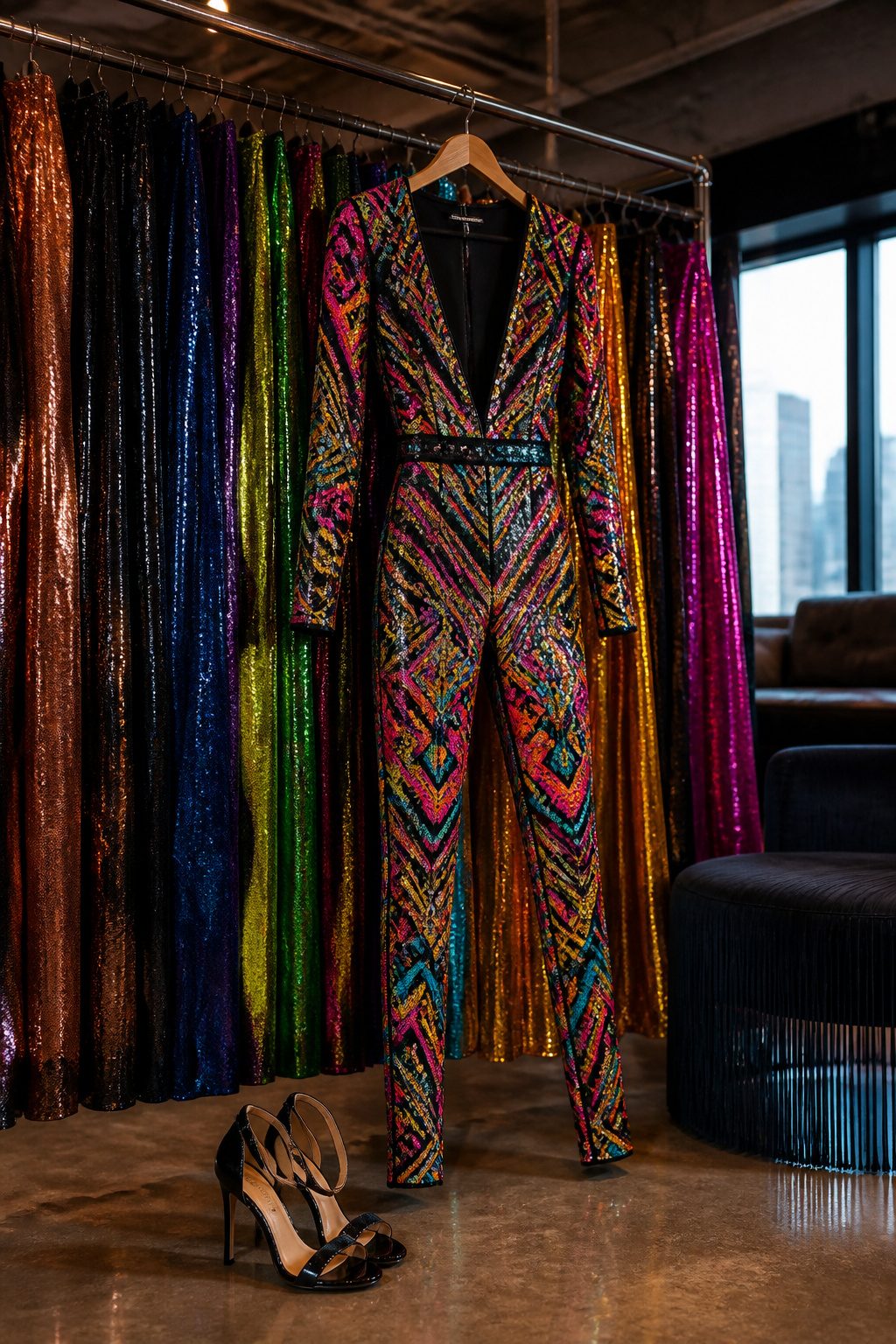 A colorful jumpsuit with neon accents hanging in a showroom.