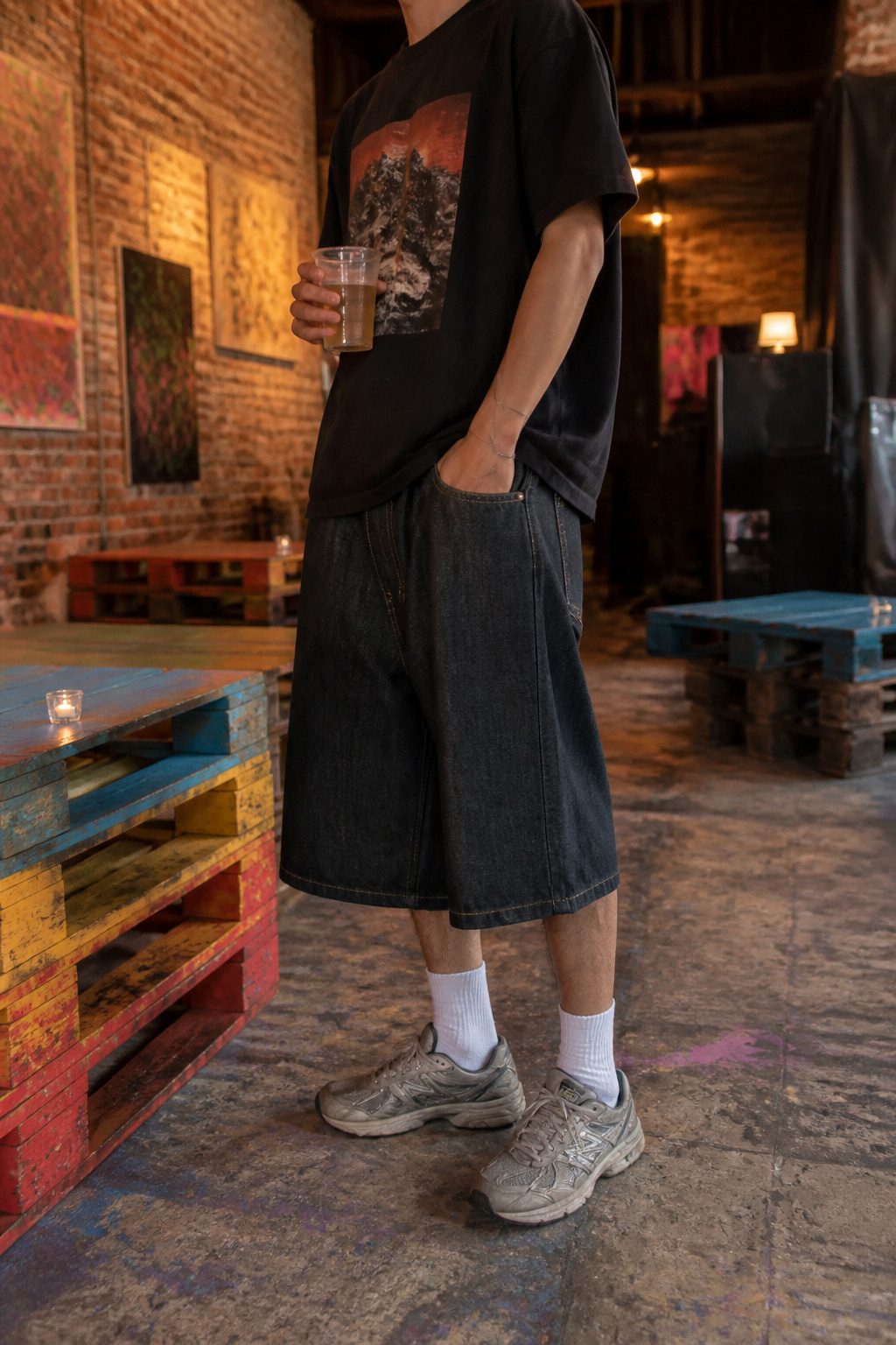 Oversized baggy shorts paired with a classic graphic tee.