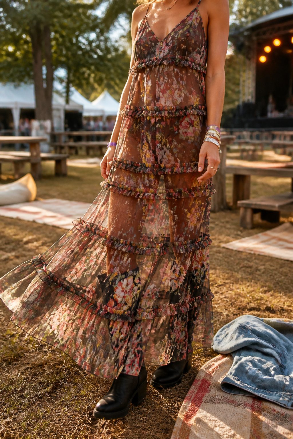A mesh maxi dress laid out, suitable for concerts and outdoor shows.