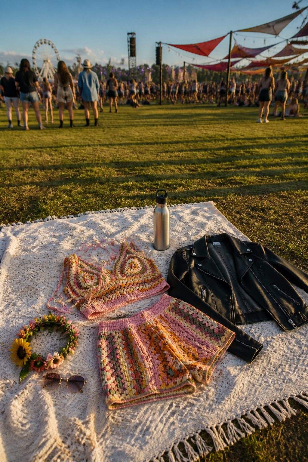 A crochet-textured matching set suitable for festival wear.