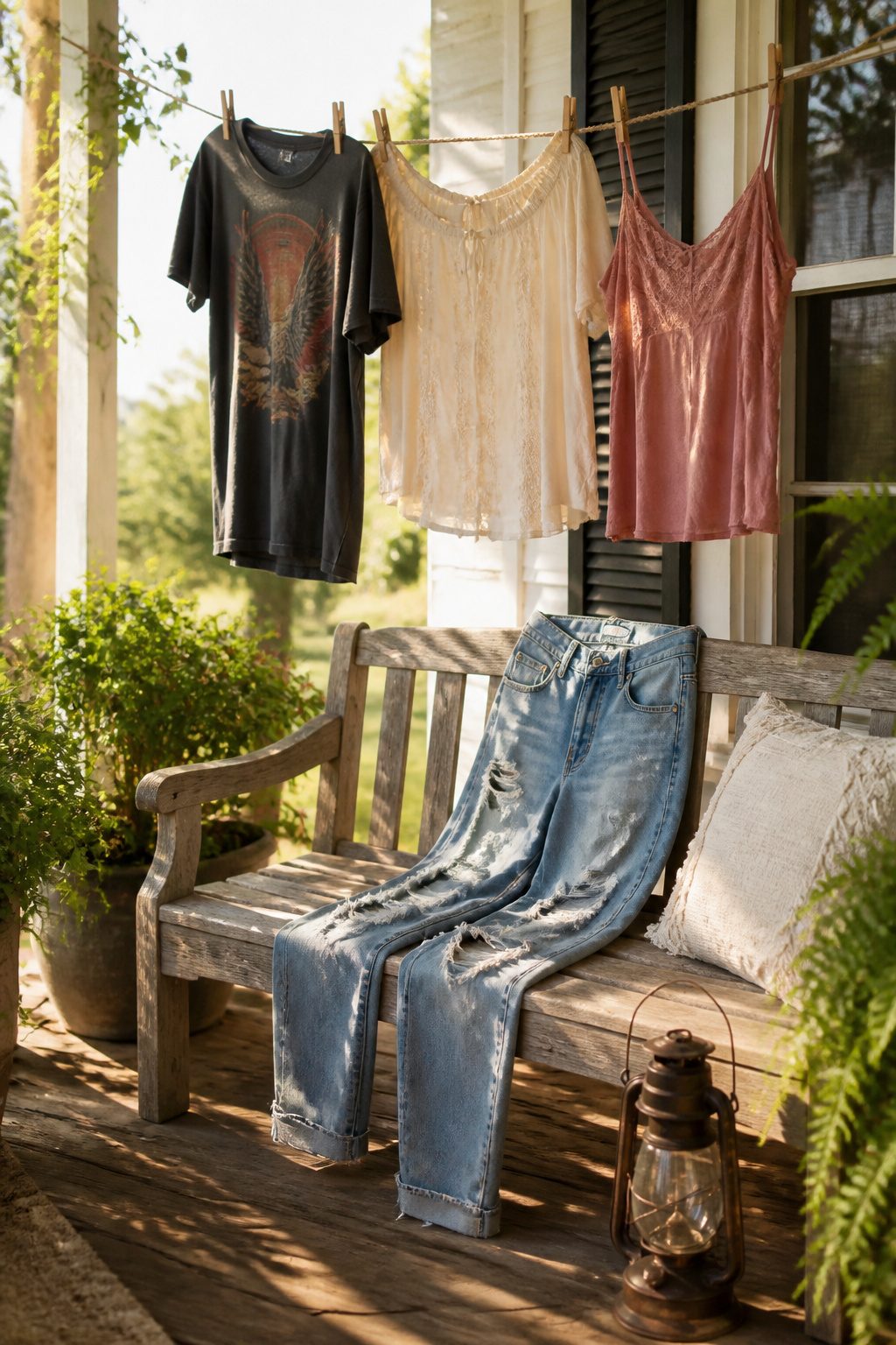 A collection of casual tops hung on a clothesline in the sun.