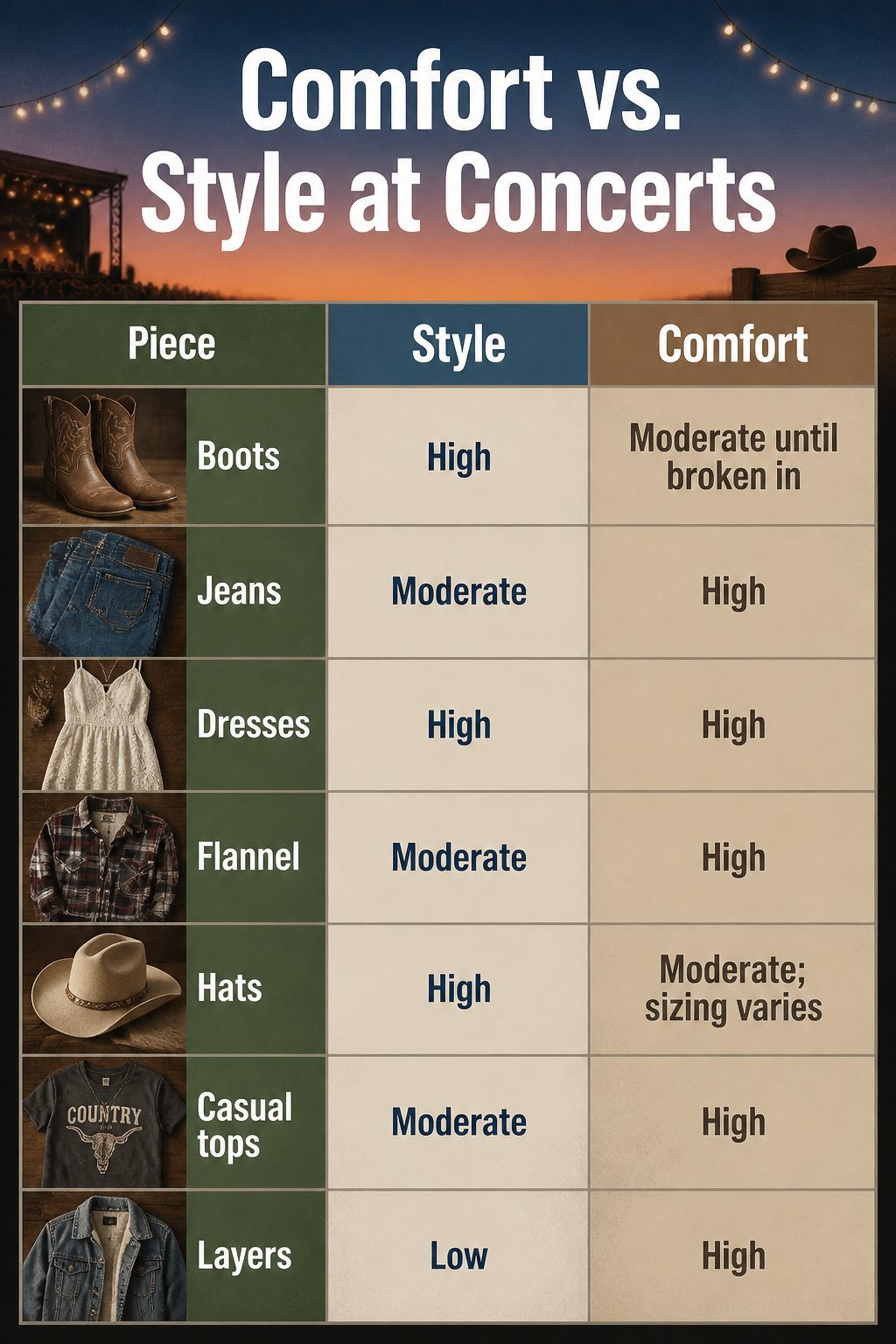 A chart comparing comfort and style elements for concert outfits.