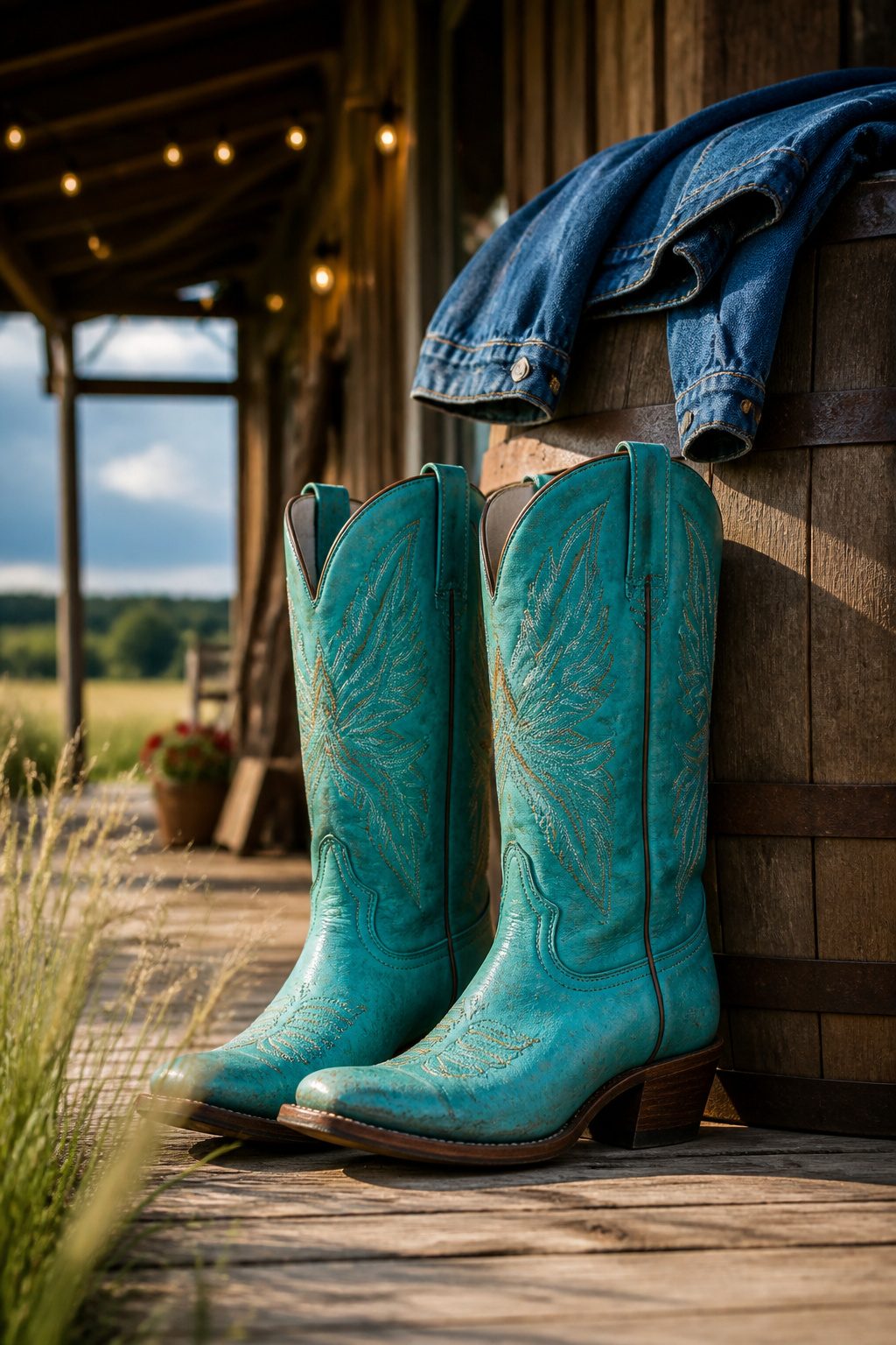 A pair of colorful cowgirl boots displayed on a rustic background.