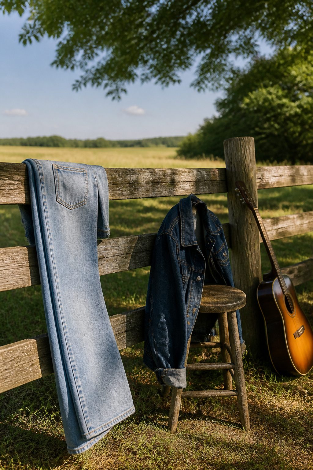 Light-wash boot-cut jeans draped over a wooden fence with a denim jacket.
