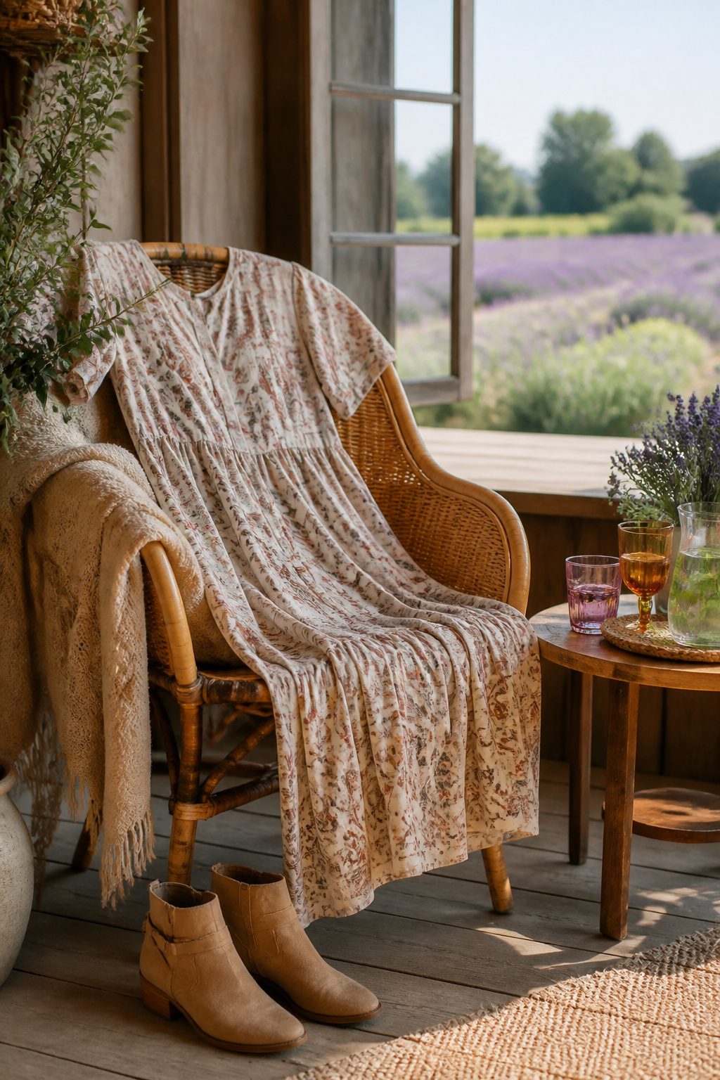 A geometric-patterned midi dress and short booties on a sunlit porch.