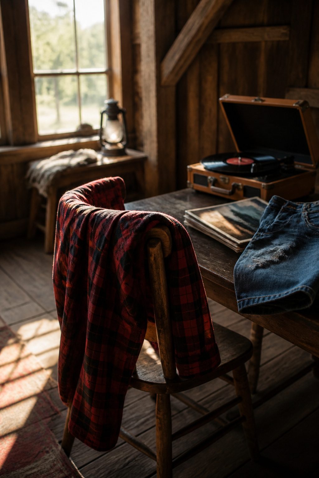 A red and black plaid flannel shirt draped over a rustic wooden chair.