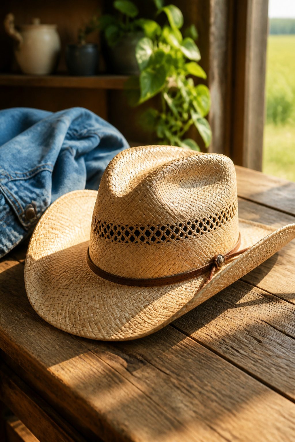A straw cowboy hat resting on a wooden surface with natural lighting.
