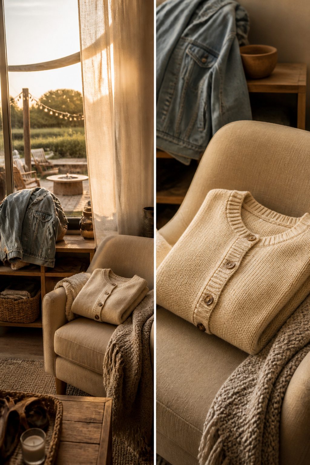 A cropped cardigan folded on a small table beside a sunny porch.