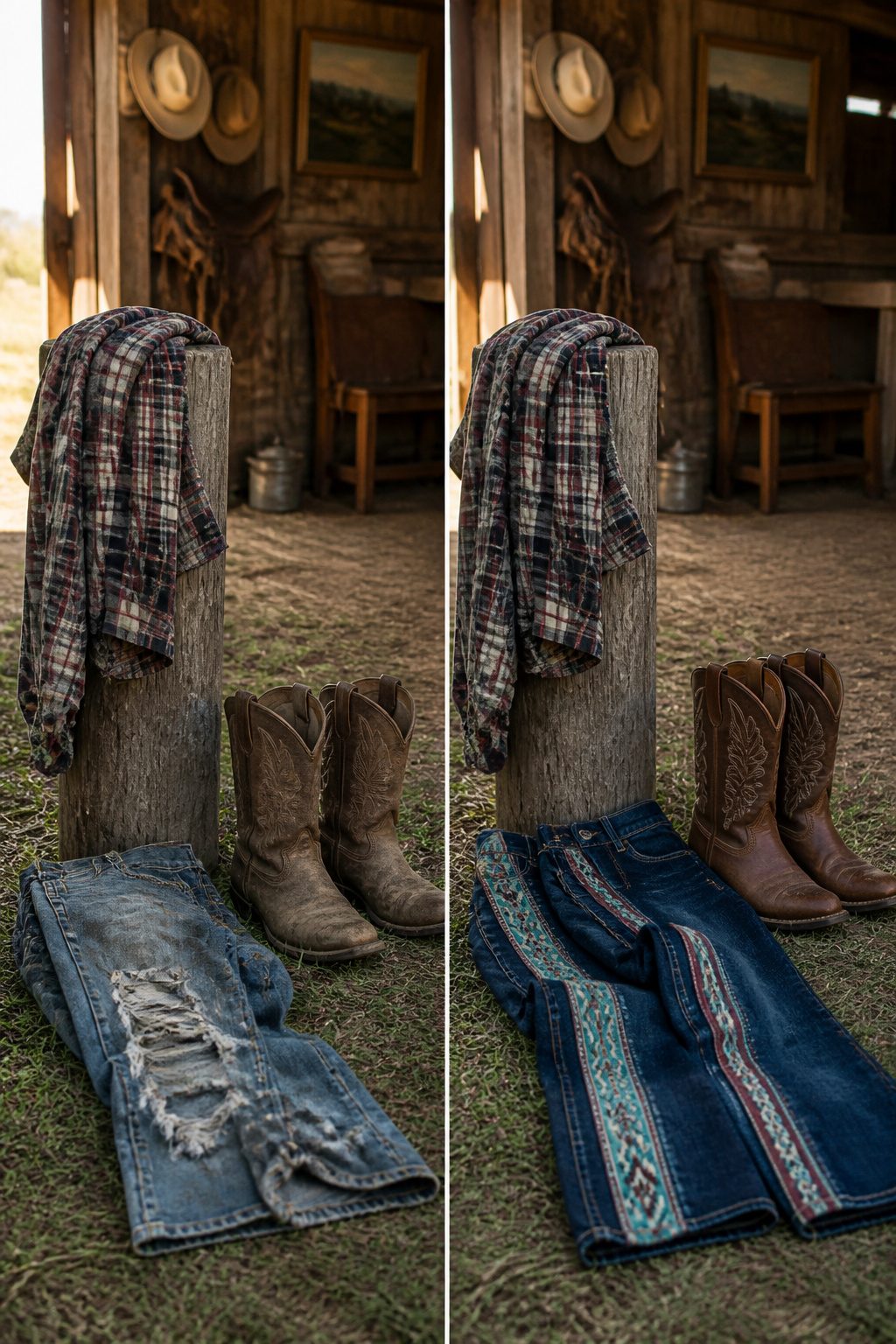 A split image showing traditional and modern country concert attire.