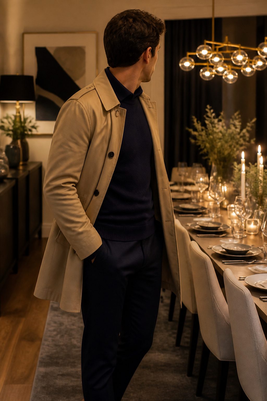 A model in a refined outfit in an elegant dining room.