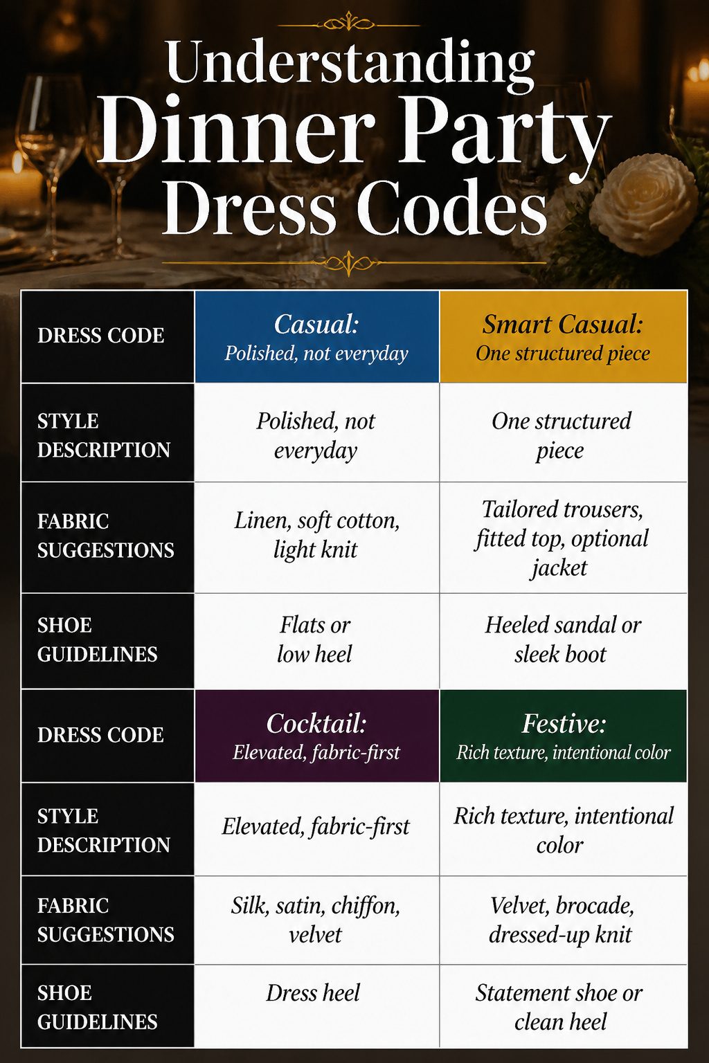 An information graphic explaining dinner party dress codes.