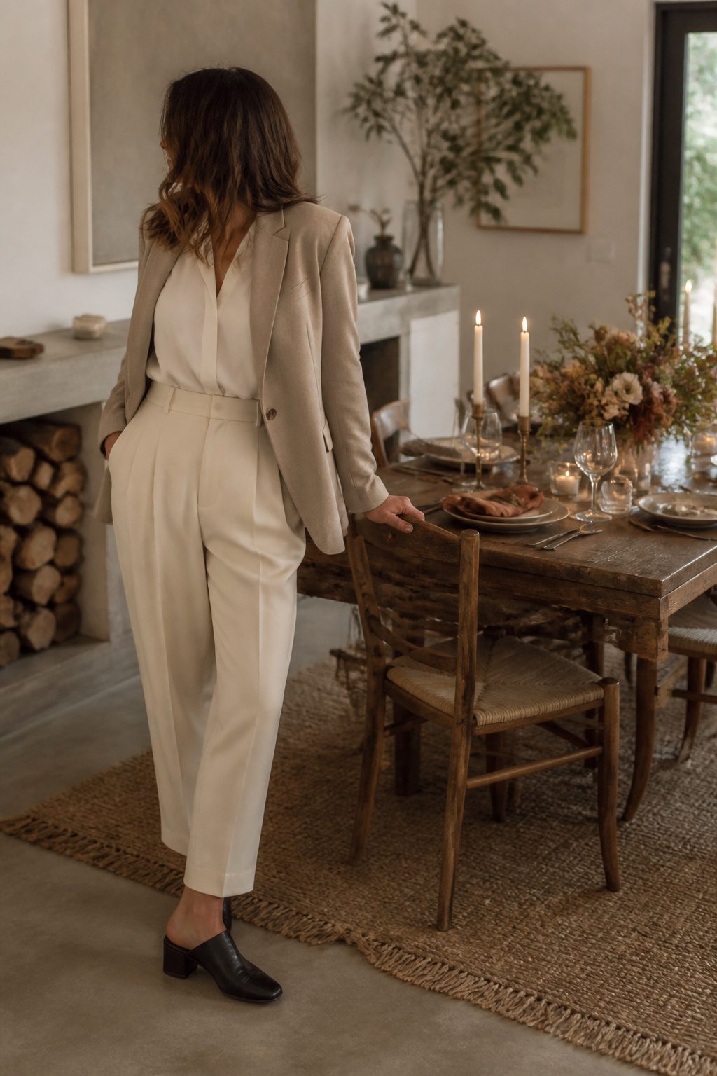 A model in a blazer and trousers in a cozy dining space.