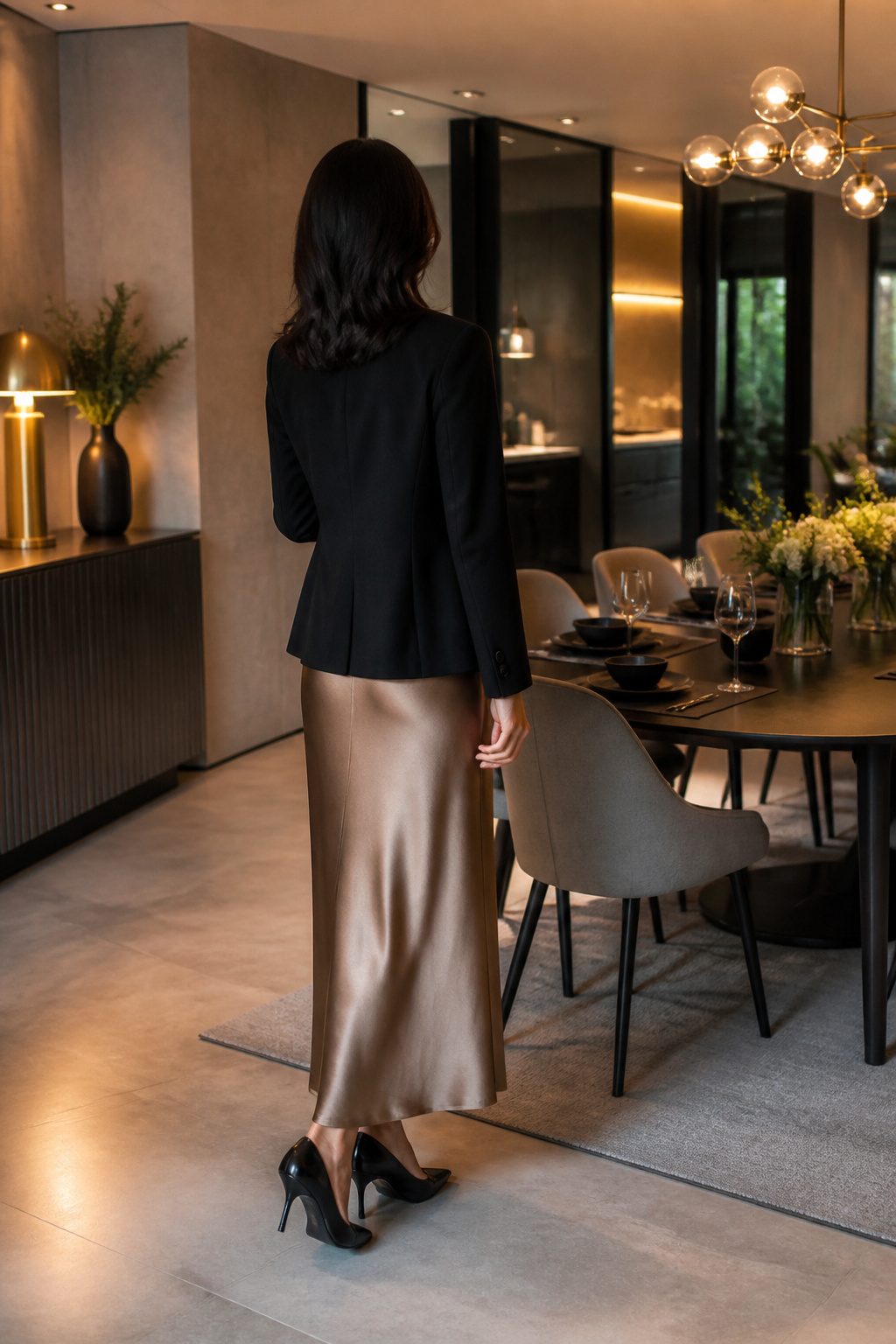 A model in a blazer and skirt in a modern dining setting.