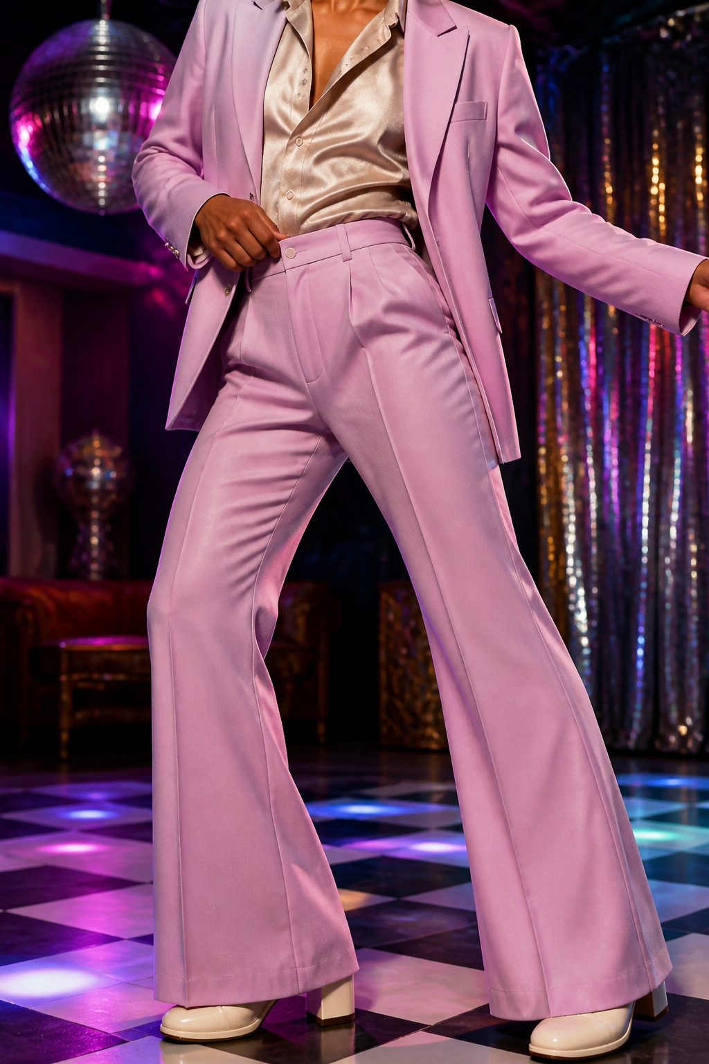 Disco Party Outfit Ideas, Types & How to Wear Them in 2026 9 A suit with wide lapels and flared pants displayed on a flat surface.