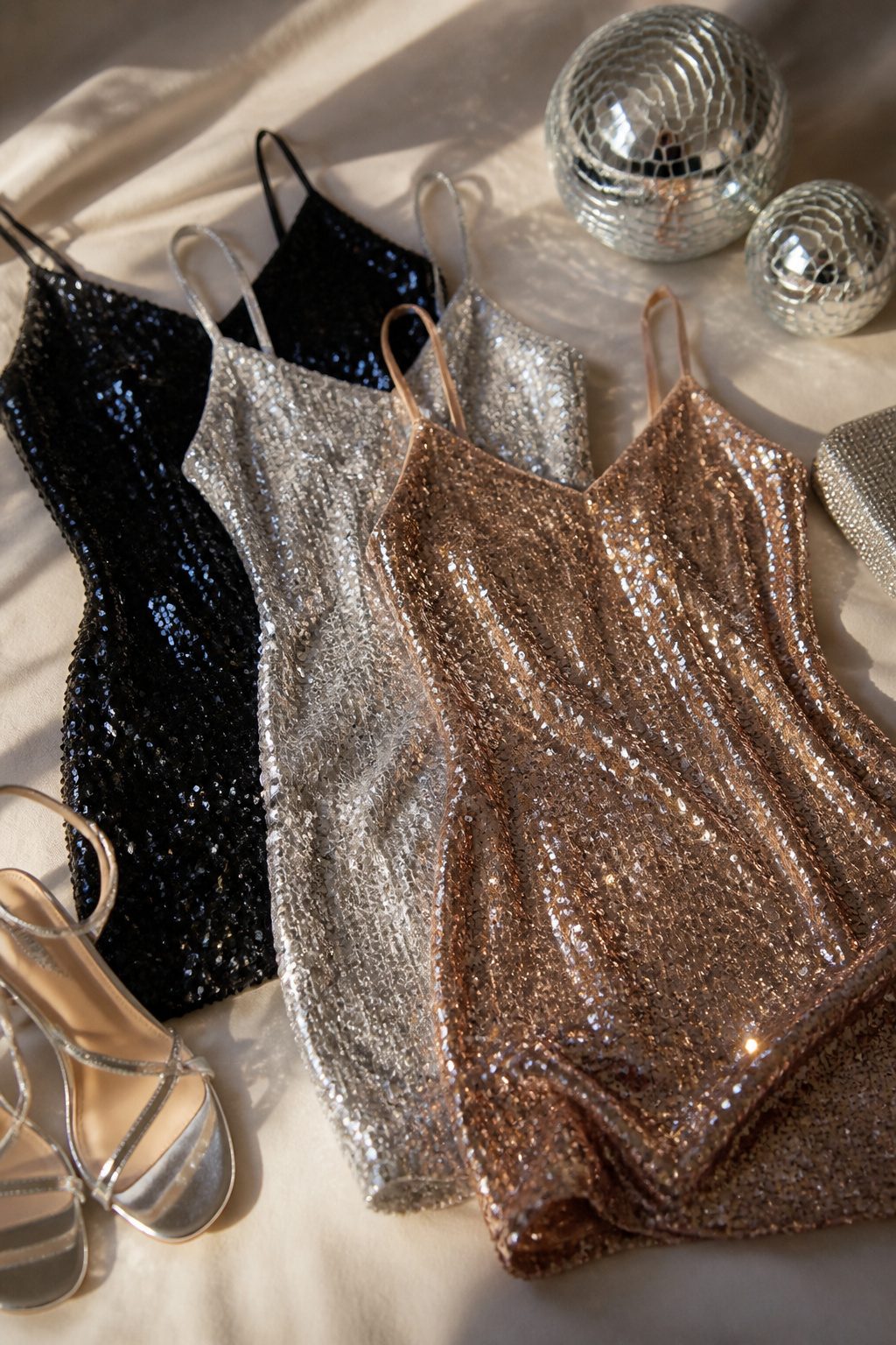 Disco Party Outfit Ideas, Types & How to Wear Them in 2026 1 A sequin mini dress displayed in natural light with a textured surface.