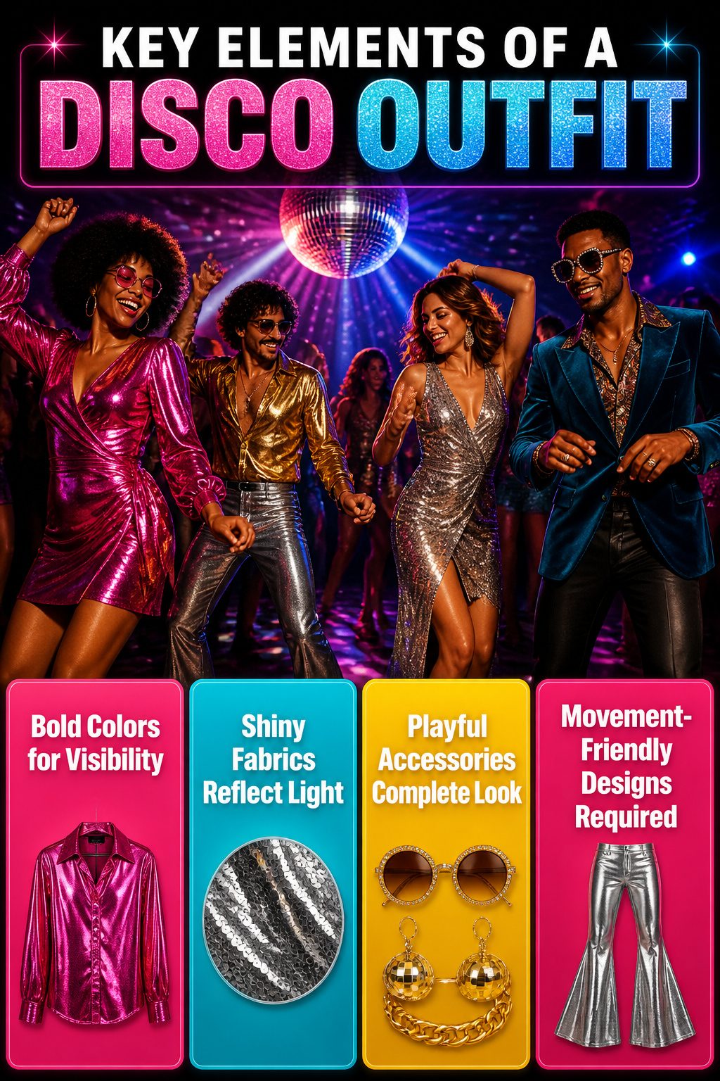 Disco Party Outfit Ideas, Types & How to Wear Them in 2026 11 An infographic outlining key elements of a disco outfit.