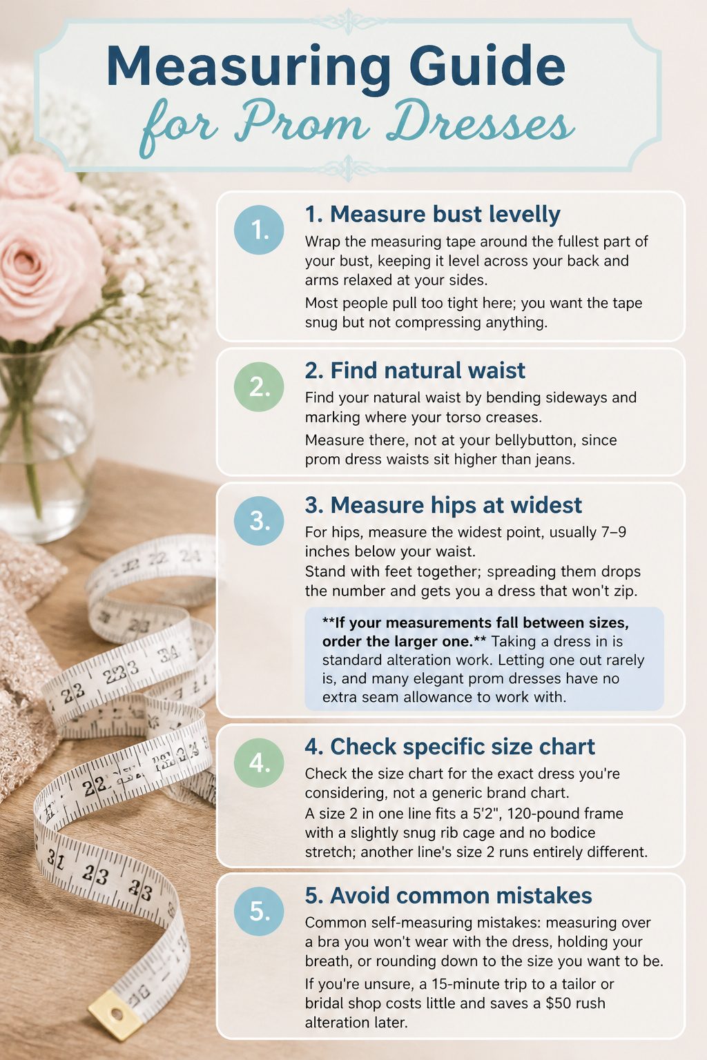 Elegant Prom Dresses 2026: 7 Styles for Any Formal Night 11 A guide showing steps to measure for prom dress sizing.