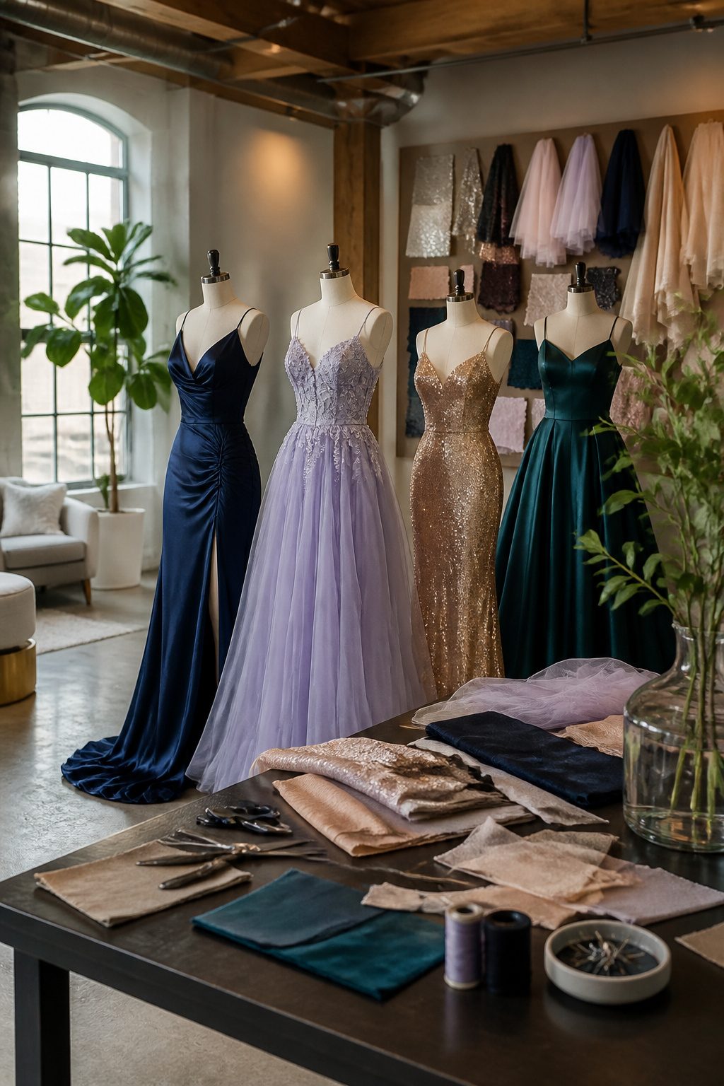 Elegant Prom Dresses 2026: 7 Styles for Any Formal Night 10 Different fabrics like silk, tulle, and sequins arranged together.