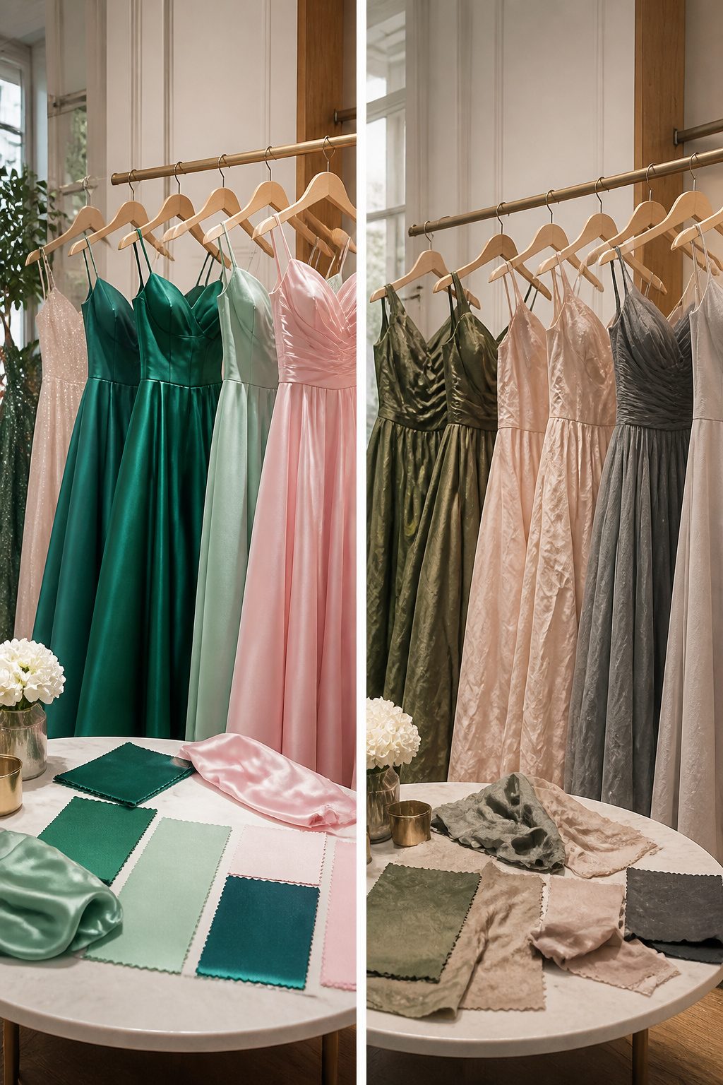 Elegant Prom Dresses 2026: 7 Styles for Any Formal Night 8 Swatches of popular prom dress colors including emerald green and pastel pink.