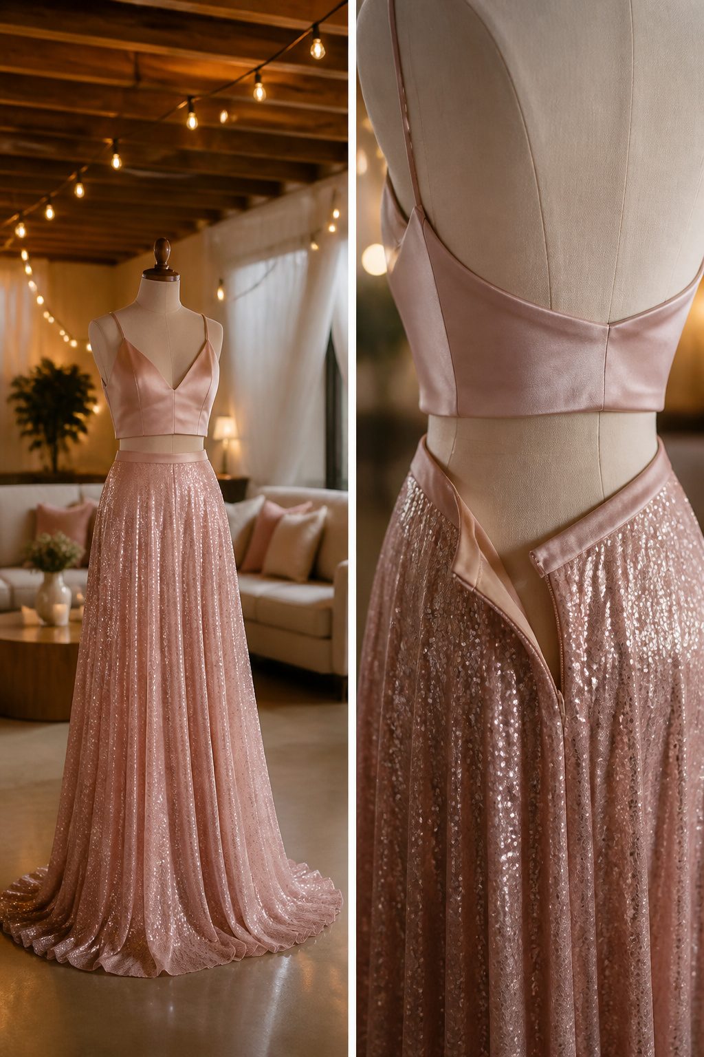 Elegant Prom Dresses 2026: 7 Styles for Any Formal Night 5 A two-piece prom dress featuring a crop top and a maxi skirt.