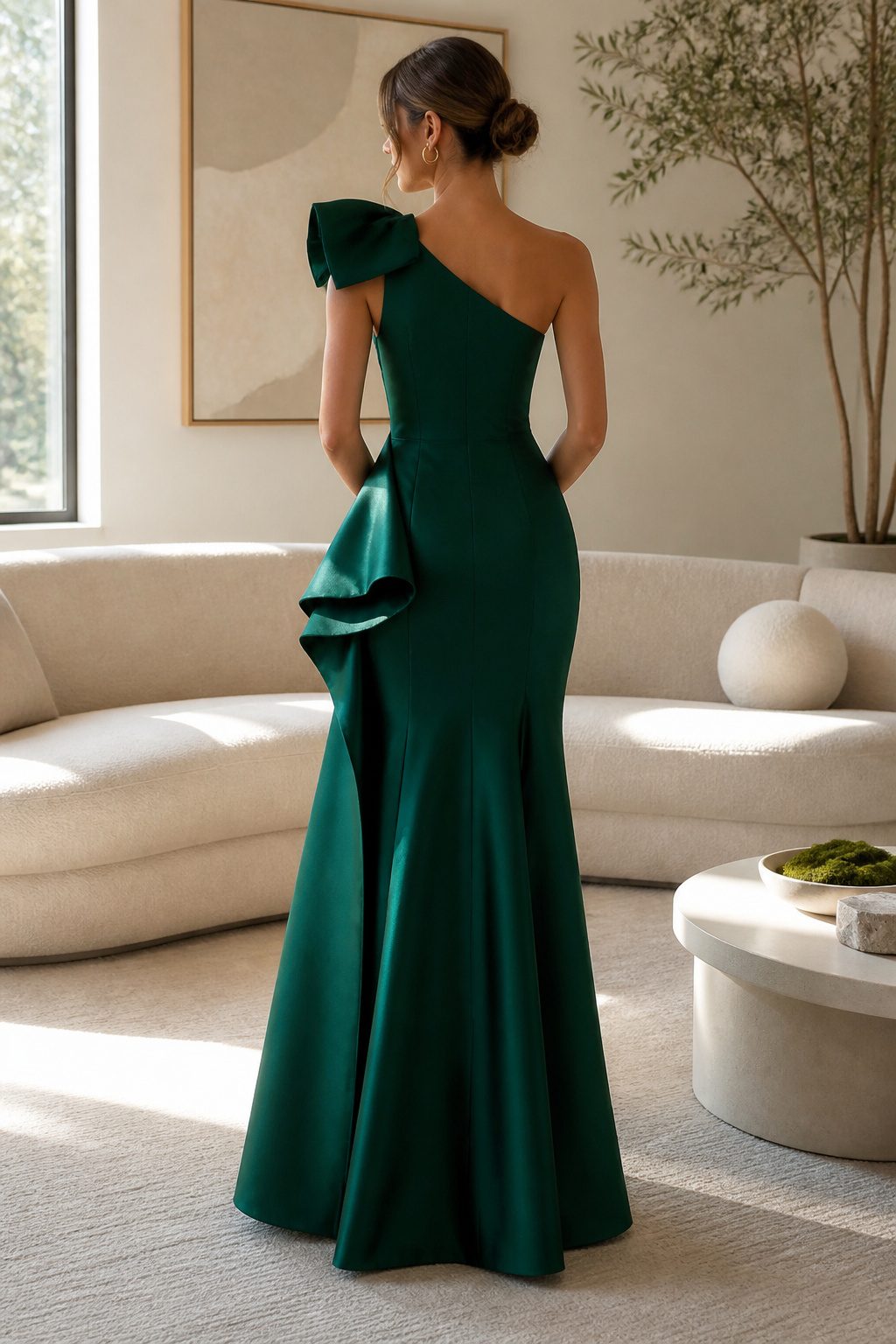Elegant Prom Dresses 2026: 7 Styles for Any Formal Night 7 An emerald green dress with a distinctive silhouette and minimalist design.