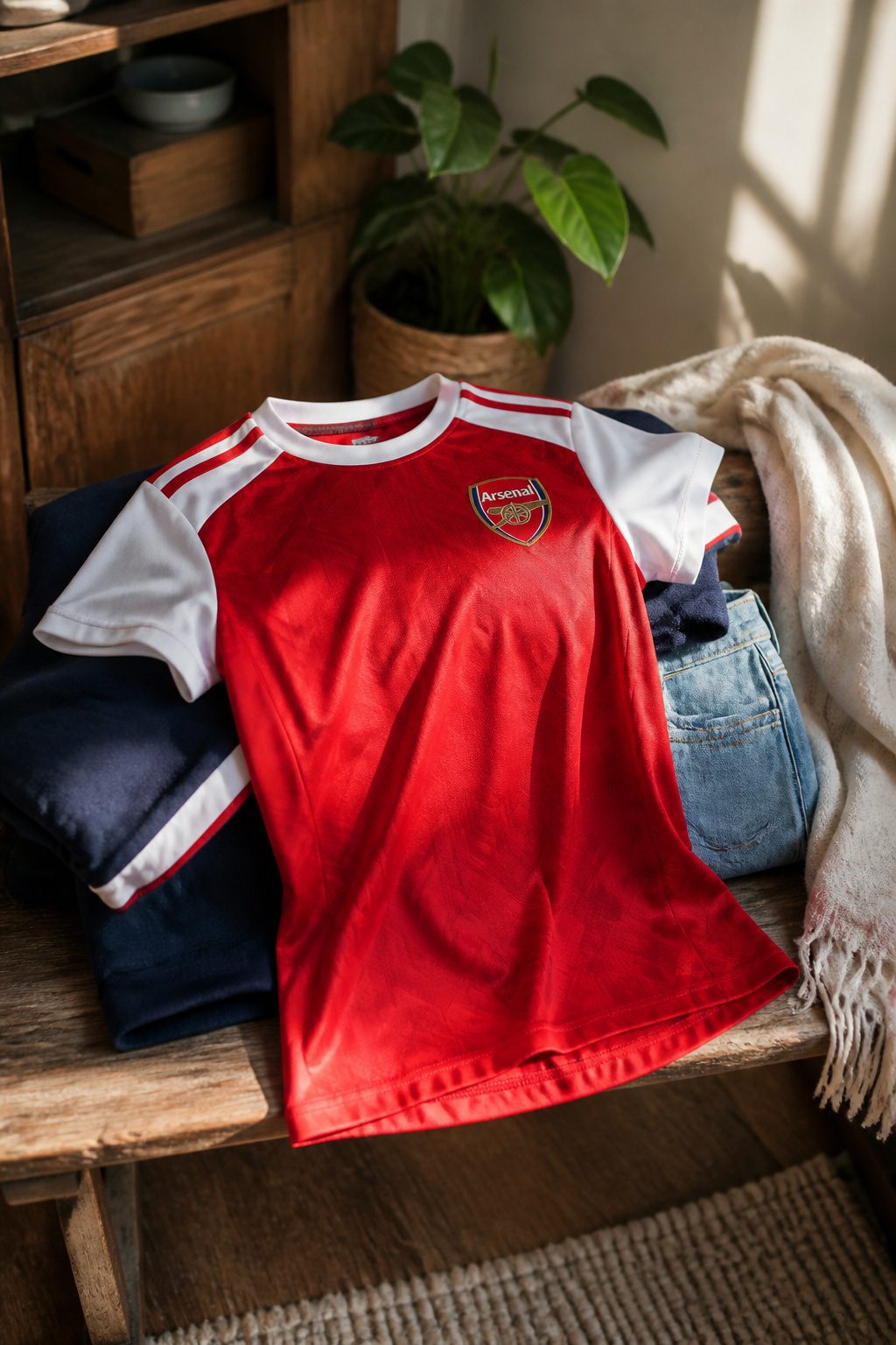 An Arsenal women's football shirt with the club crest and customization options.
