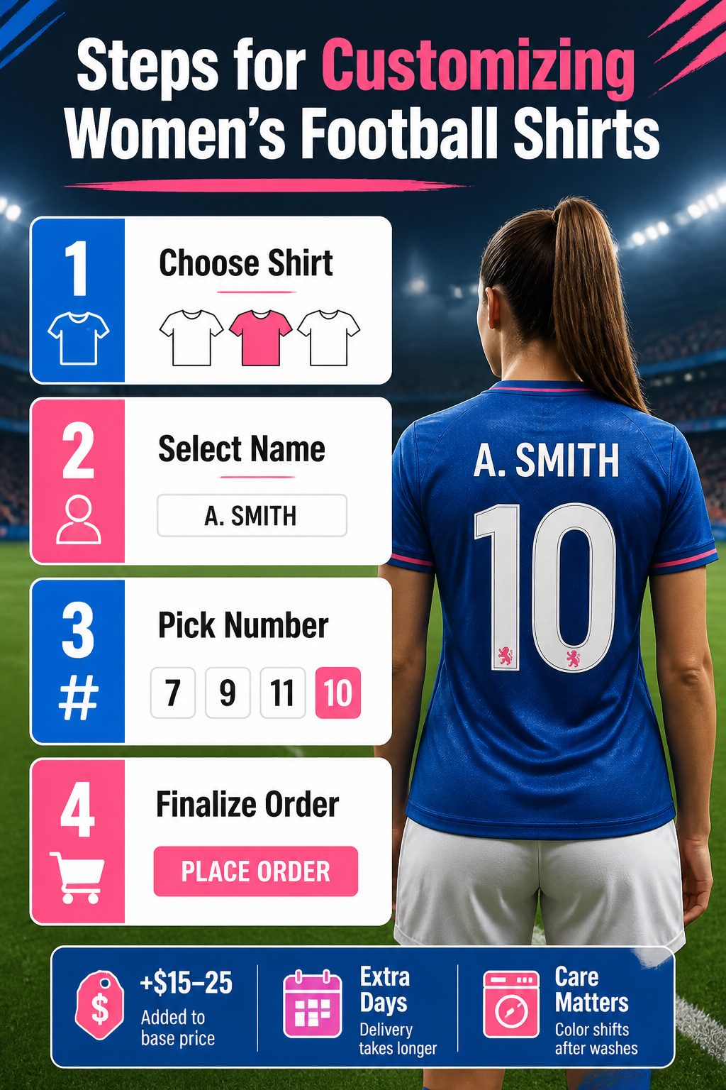 A graphic detailing the steps for customizing women's football shirts.