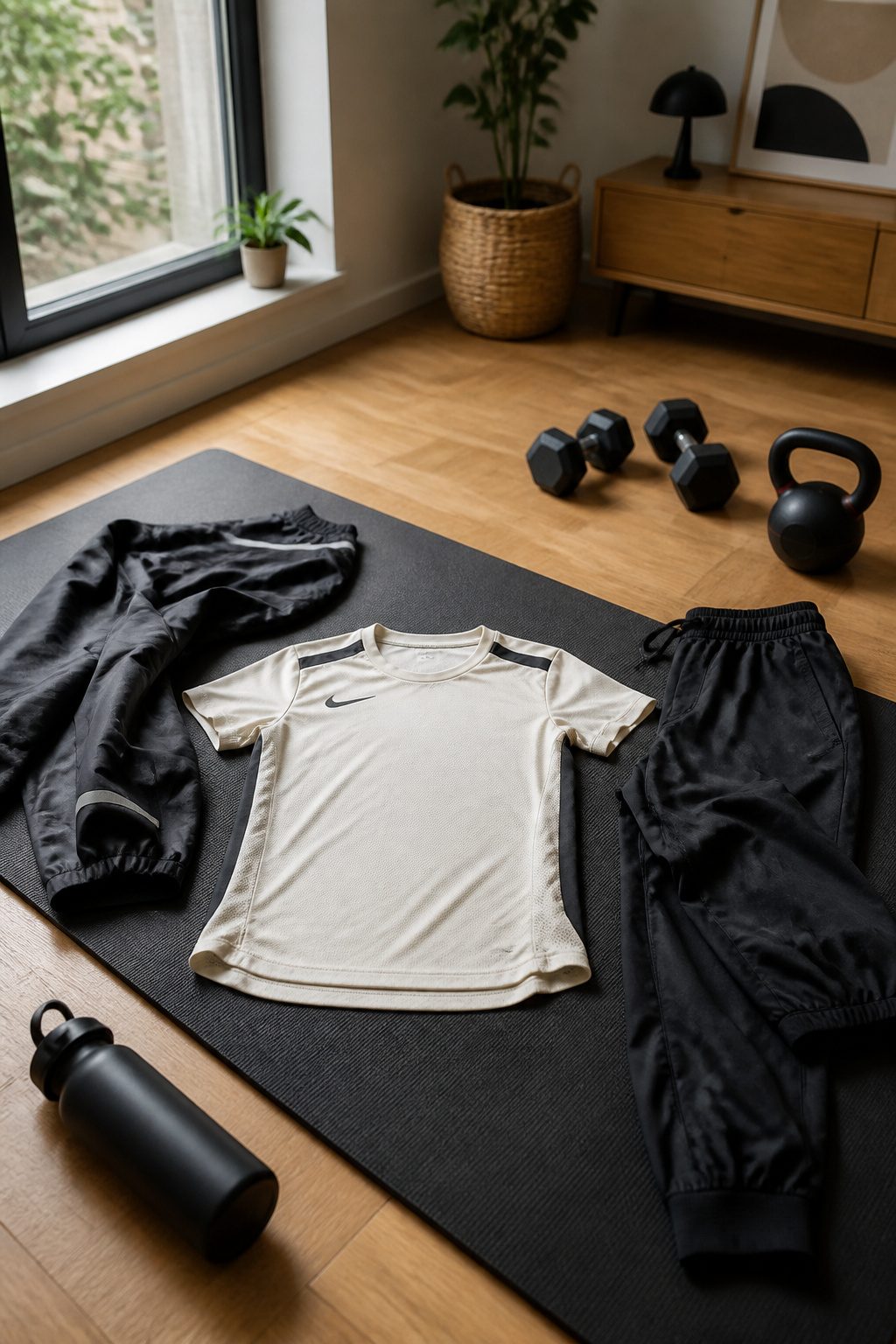 A Nike Dri-FIT Short-Sleeve Football Top displayed with joggers and a jacket.