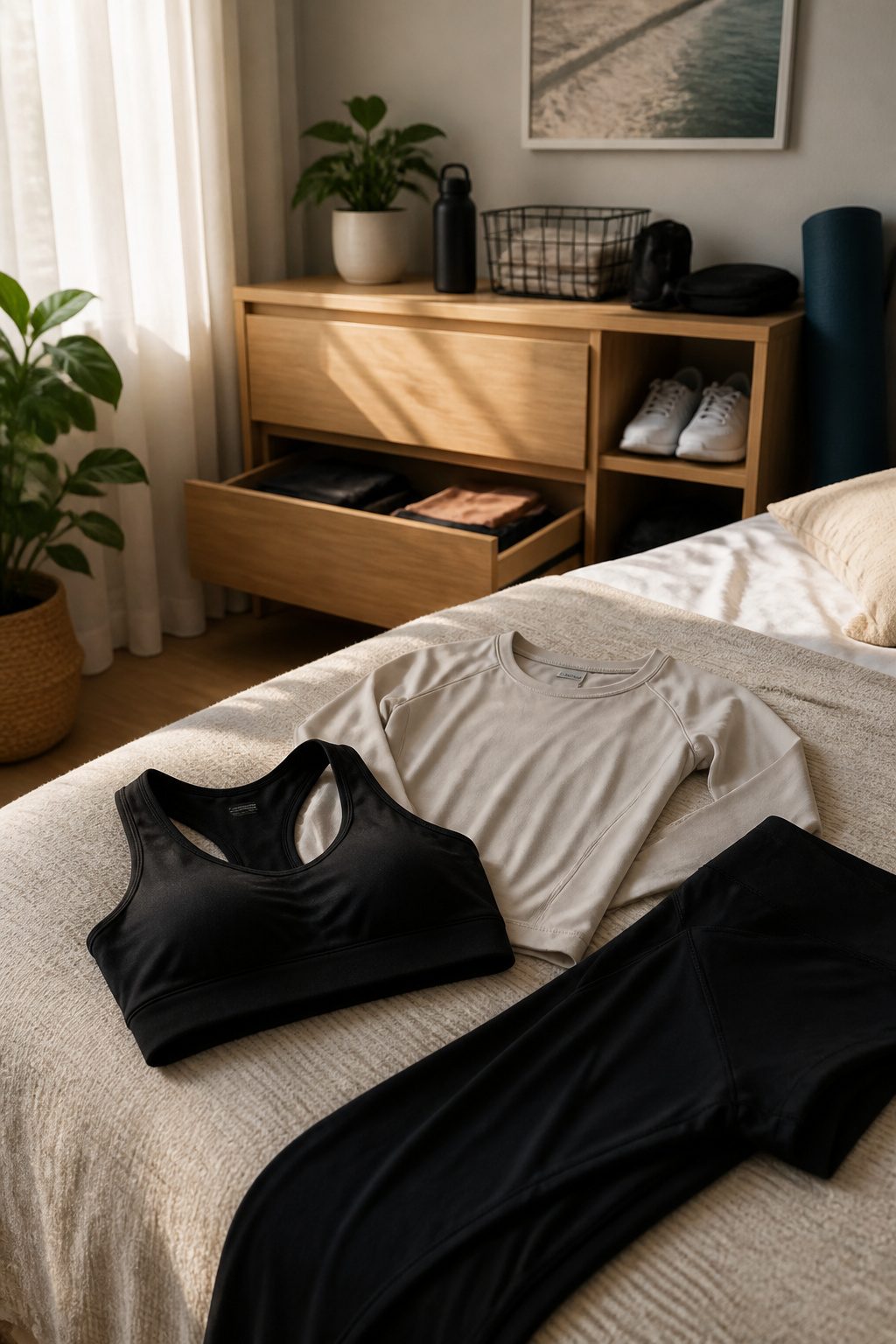 A black TECHFIT Bra displayed with athletic clothing in a tidy setting.