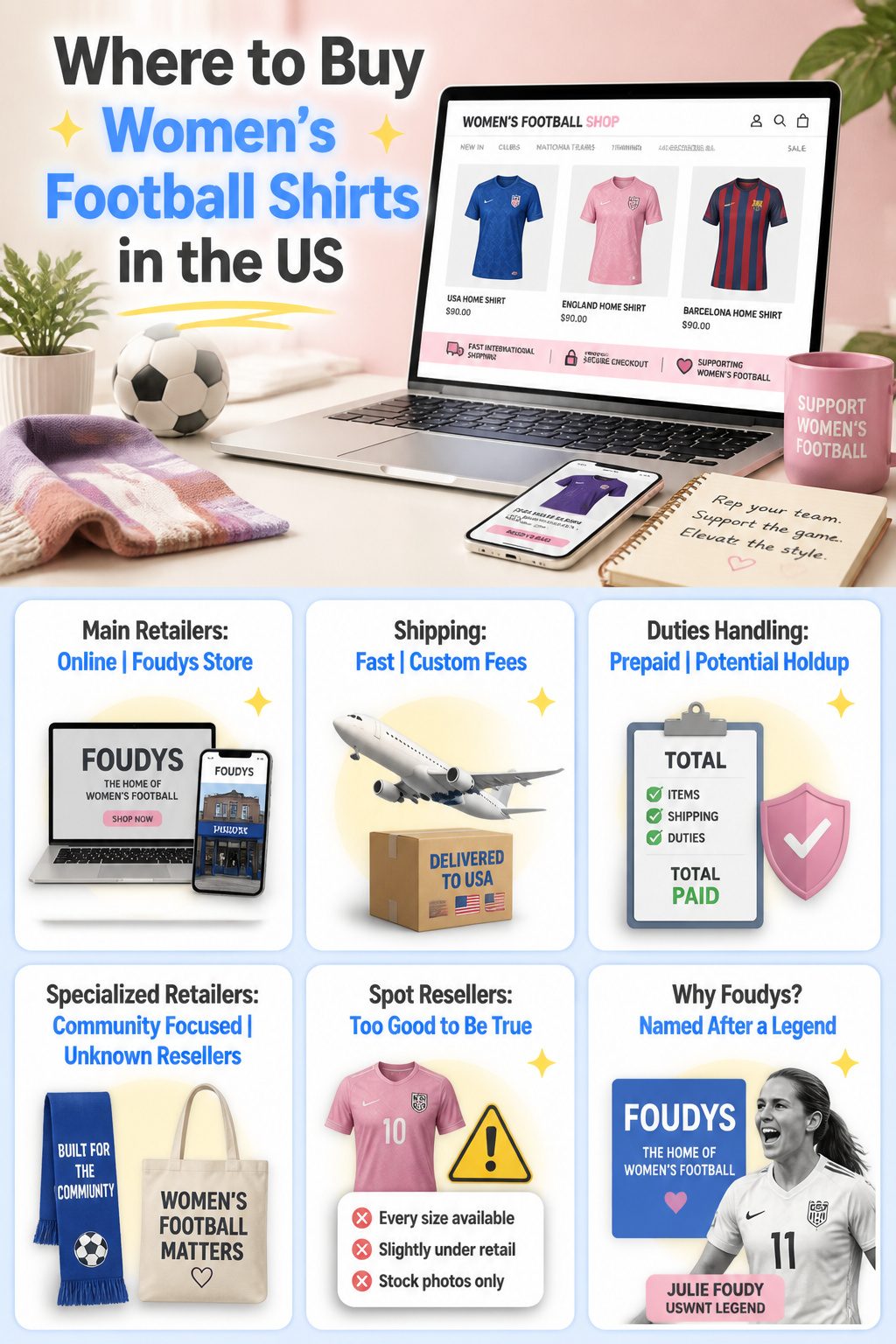 An information graphic showing where to buy women's football shirts in the US.