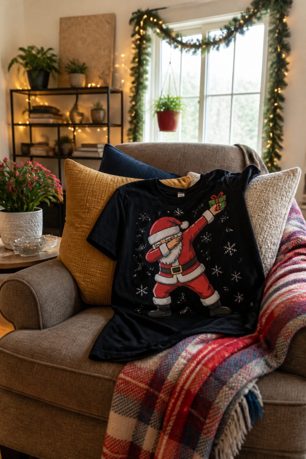 Funny Christmas Shirts: 16 Designs for 2026 11 A T-shirt with a colorful graphic of a person dabbing.