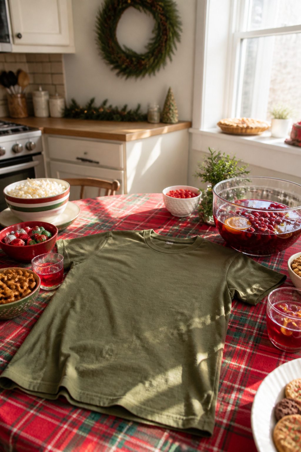 Funny Christmas Shirts: 16 Designs for 2026 14 An olive green T-shirt with the phrase about humor and abs.