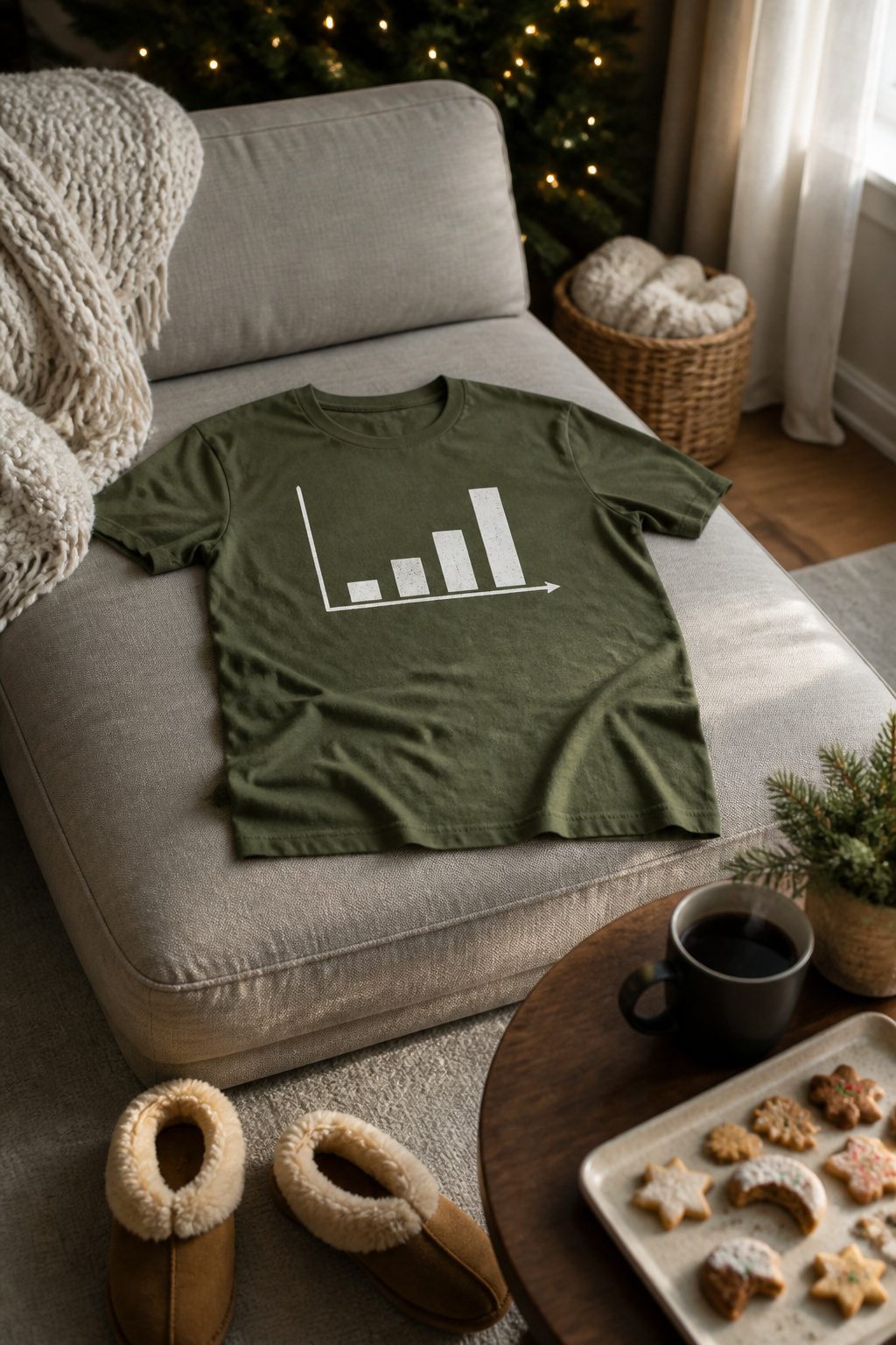 Funny Christmas Shirts: 16 Designs for 2026 6 An olive green T-shirt with a white bar graph printed on it.