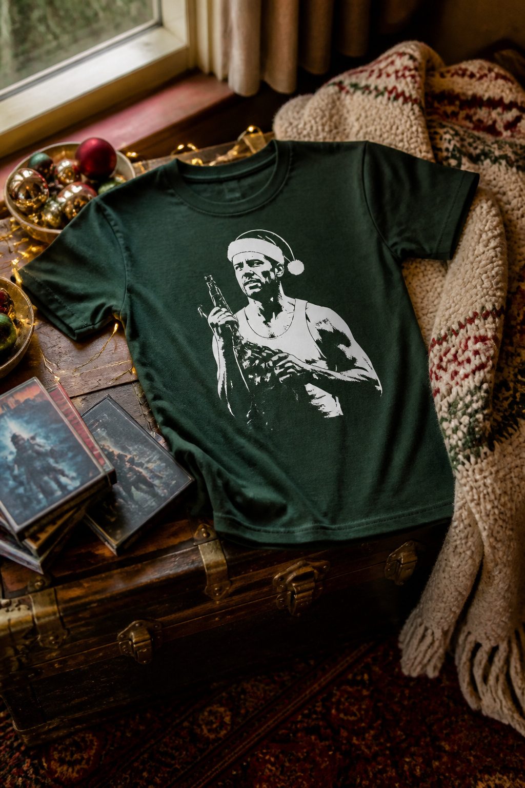 Funny Christmas Shirts: 16 Designs for 2026 10 A green T-shirt with white text quoting a line from Die Hard.